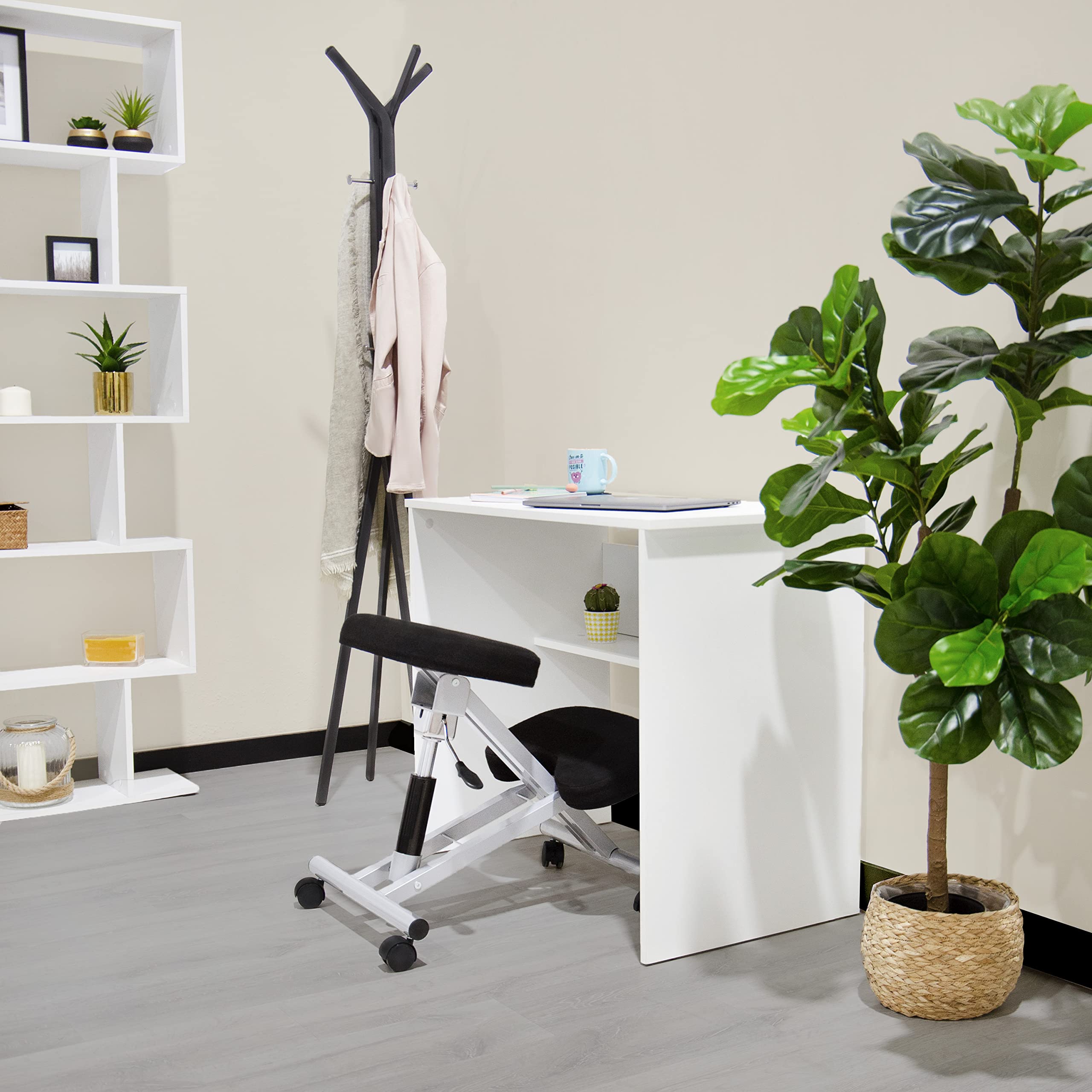 duehome | Silla de Oficina Ergonomica, Silla de Escritorio, Modelo Flip, Acabado en Color Negro y Aluminio, Medidas: 46 cm (Ancho) x 50 cm (Fondo) x 55-65 cm (Alto)