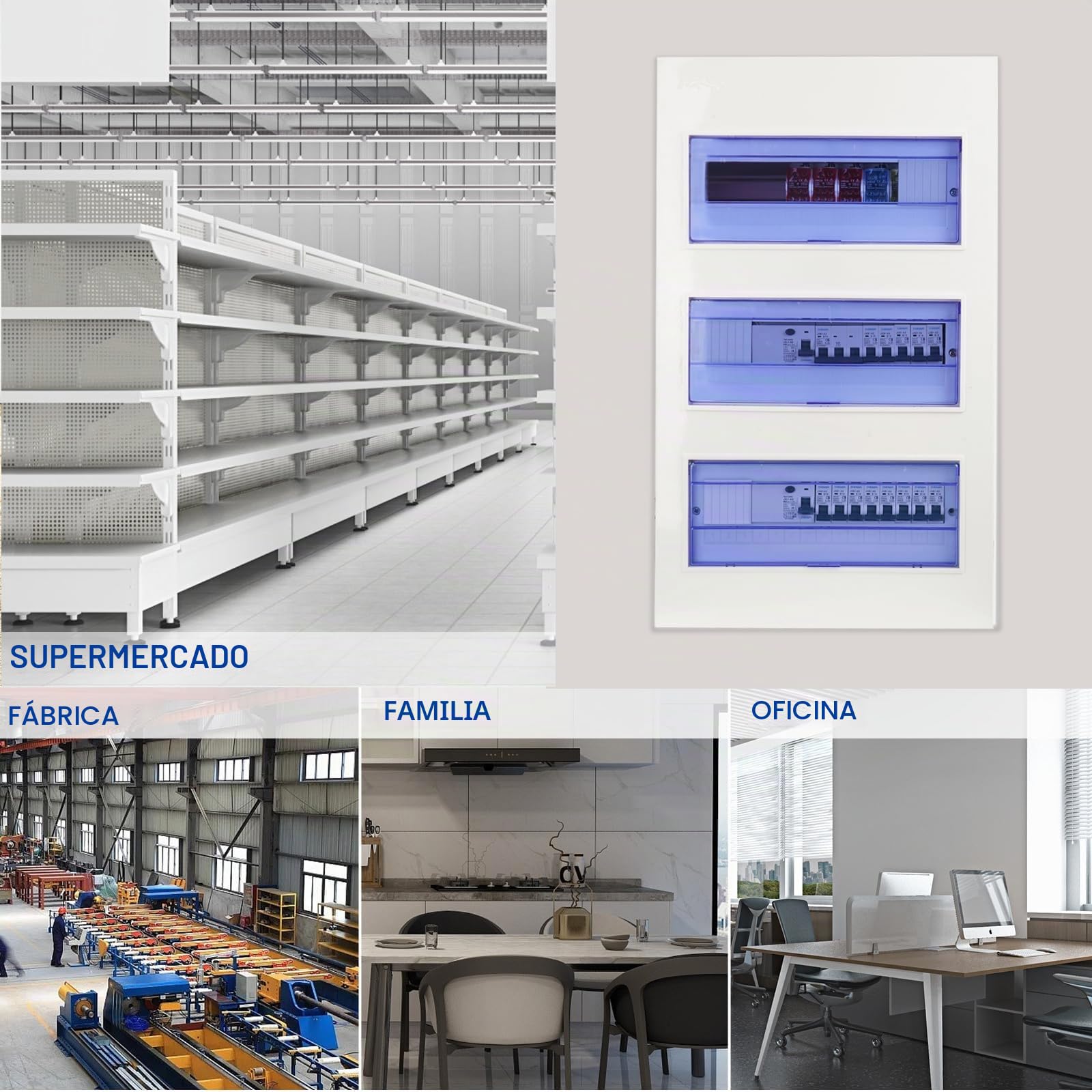 Caja De Distribución de 3 Filas con Disyuntor 4P FI tipo A 40A 30mA FI RCCB y Fusibles B16, Armario de Control con Barra Colectora/Montaje Empotrado
