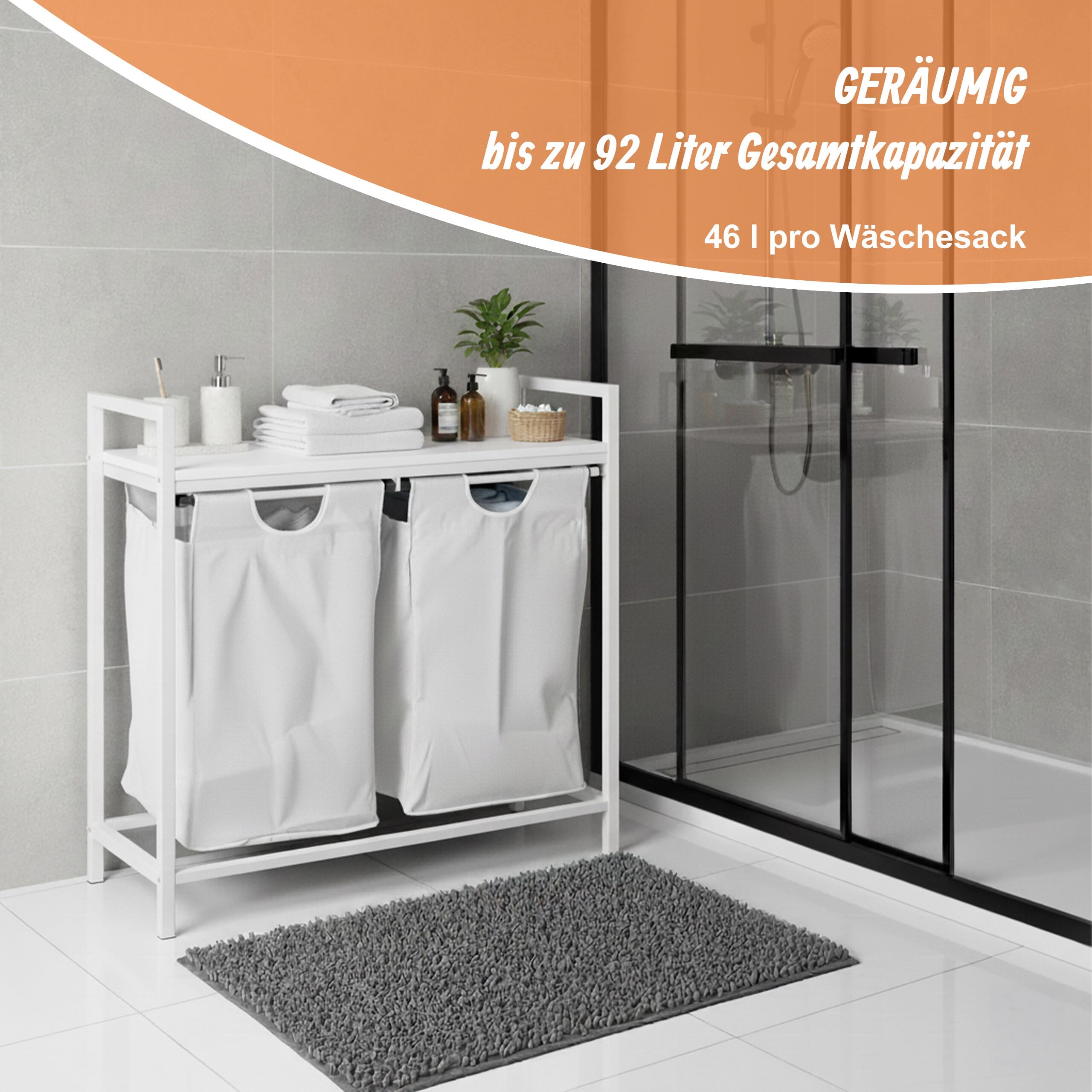 Relaxdays Wäschesammler mit 2 ausziehbaren Wäschekörben, mit Ablage, HBT: 72 x 73 x 33 cm, Wäschekorb Metall, weiß/grau