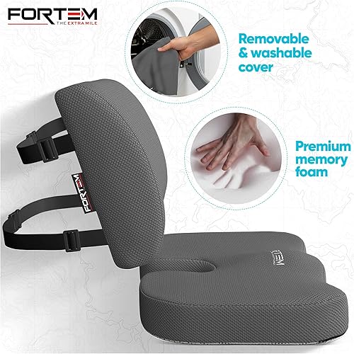 Miniatura 3 de FORTEM Cojín de asiento para oficina, soporte lumbar para silla, automóvil, soporte de espalda de espuma viscoelástica, funda lavable (gris oscuro,