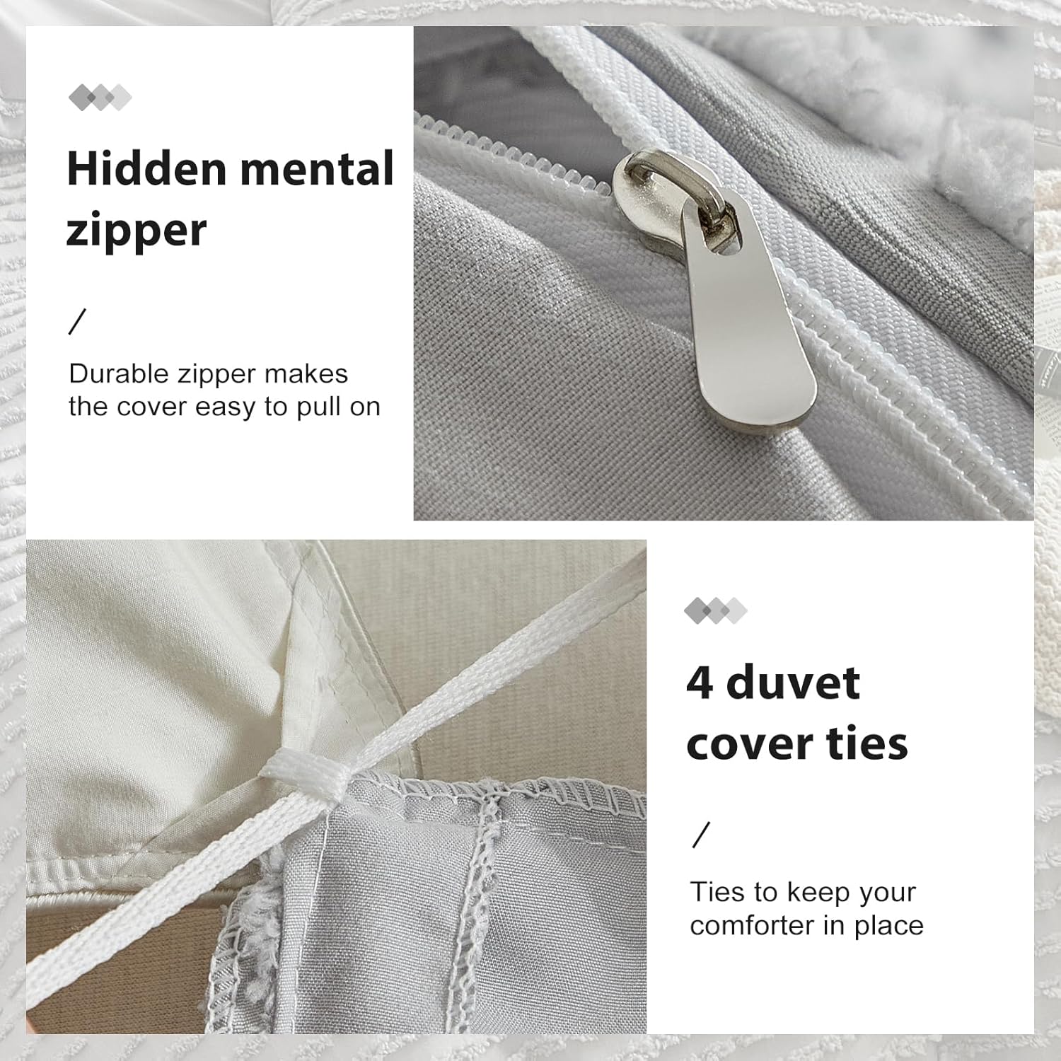 WARMDERN Boho Duvet Cover Set Queen Size,Grey Striped Duvet Cover Microfiber Bedding Set,3PCS Ultra Soft Breathable Lightweight Tuft Texture Pattern Duvet Covers with Zipper Closure(Grey,Queen) - Image 5