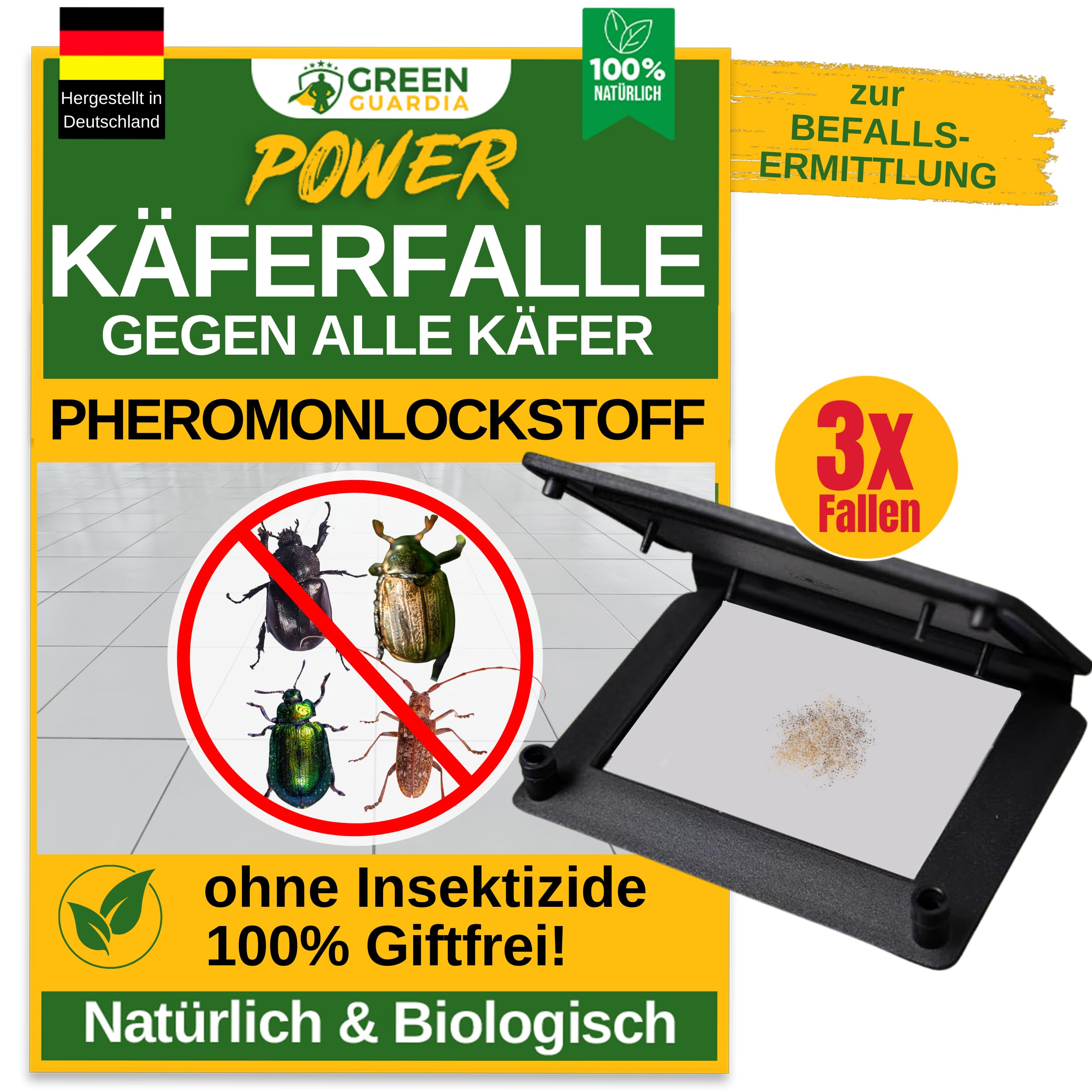 GREEN GUARDIA Trappola per coleotteri con feromone – 3 trappole – combatte ecologiche – trappola per feromoni senza sostanze chimiche con superfici adesive intercambiabili, atossica e inodore