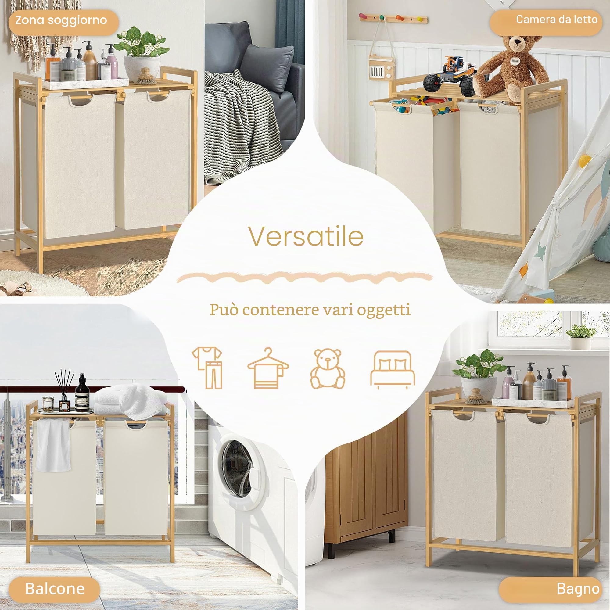 UISEBRT Cesto portabiancheria in bambù con 2 scomparti, 72 l, in tessuto Oxford, sistema di stendibiancheria rimovibile e lavabile, 73 x 64 x 33,5 cm, beige