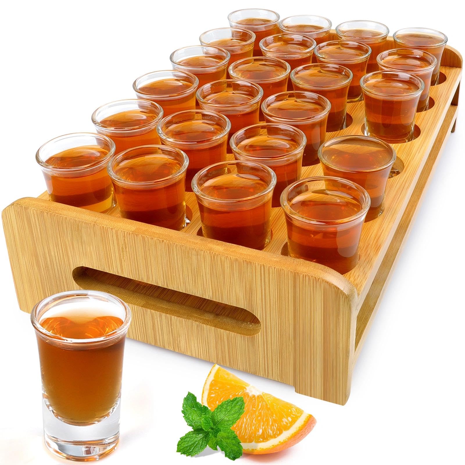 Shot Glasses Set of 24 Large Shot Glasses and Holder 1oz/30ml Shot Glass Tray Stand Thick Base for Party Club Bar Home Tools Restaurant Kitchen