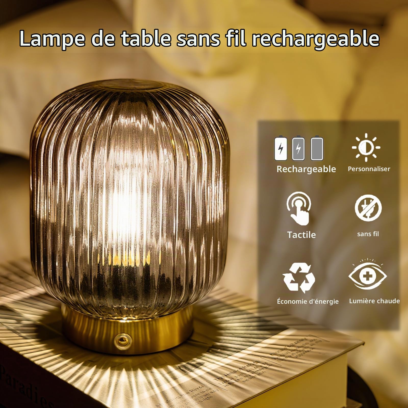 MJ PREMIER Lampe de table sans fil avec batterie en verre gris