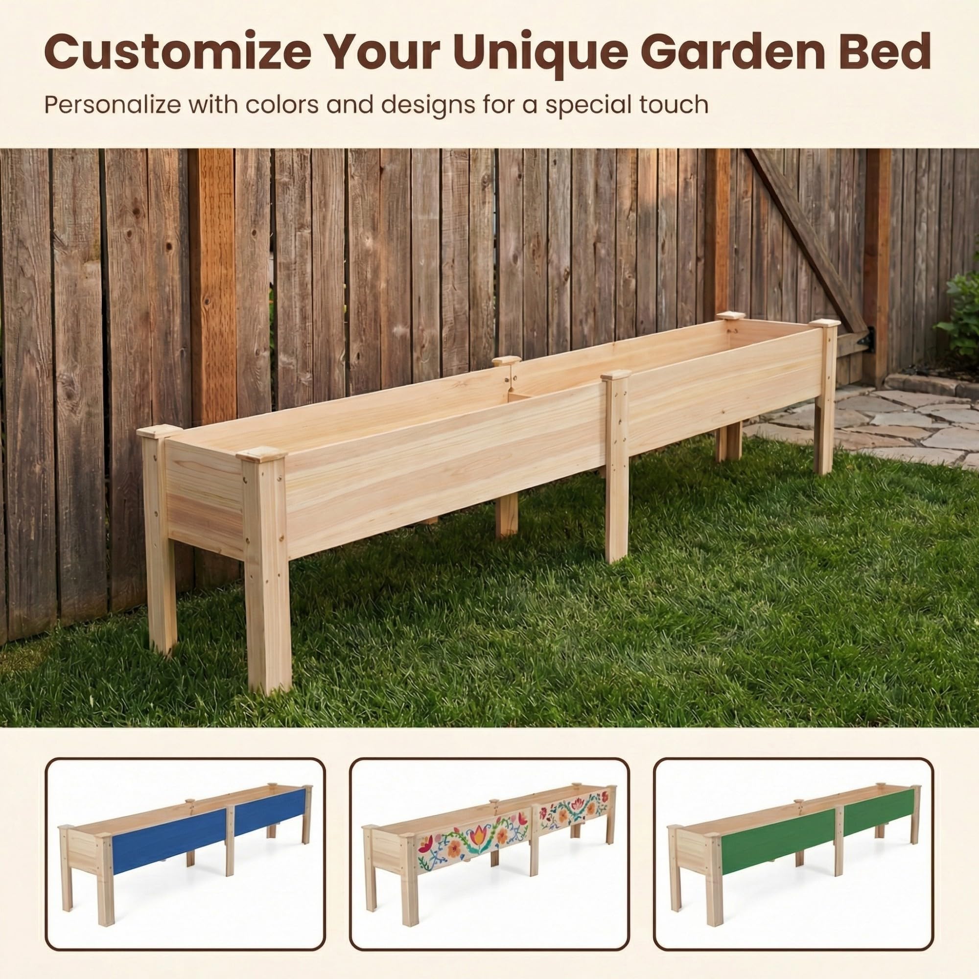 HOMASIS Jardinière Surélevée avec Étagère, Bac à Plantes en Bois de Sapin avec Trou de Drainage, Parterre de Fleurs Surélevé pour Jardin, Balcon, Terrasse (Naturel, 240 x 43,5 x 51,5 cm)