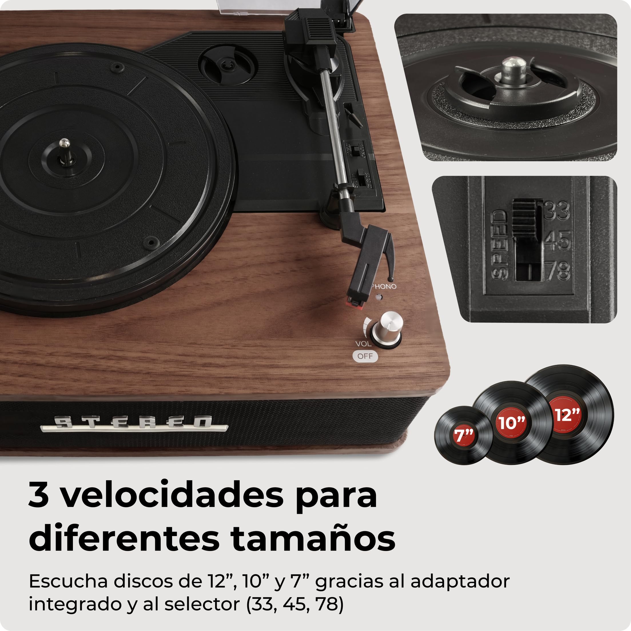 Tocadiscos retro con Bluetooth y altavoces integrados, Denver VPB‑262 Multi-Speed Turntable Music System (33 ⅓ / 45 / 78 RPM) con línea de salida y parada automática
