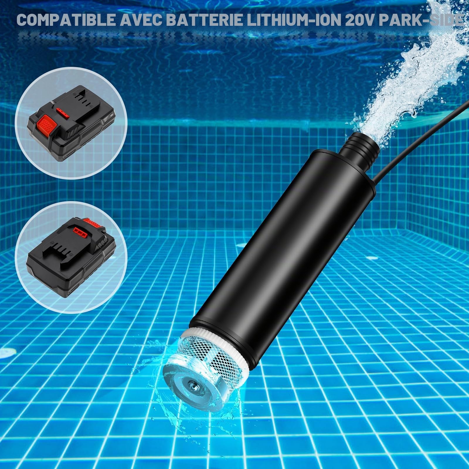 Pompe à eau portable, pompe de puisard compatible avec batterie Parkside 20 V, vitesse de rotation à vide du moteur 4500 tr/min, débit 30 l/min, pompe à eau 120 W avec hauteur de refoulement 4,6 m (15