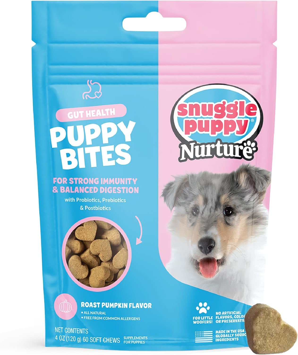 Snuggle Puppy Puppy Bites Gut Health Supplement - Dog Probiotics & Prebiotics for Gut Health - Pet Supplement and Supplies for Dog Health - Digestive Health Support - 60 Soft Chews