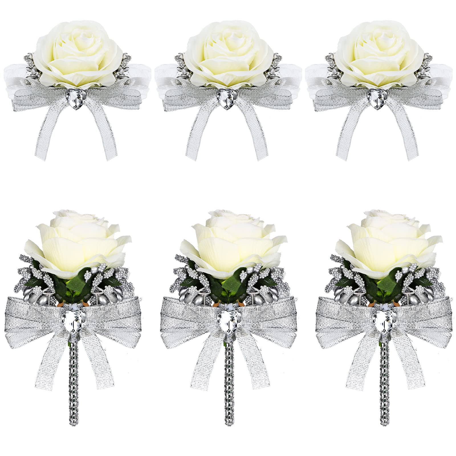 XunYee 6 Pcs White Rose Corsages and Boutonnieres Sets Wrist Corsage
