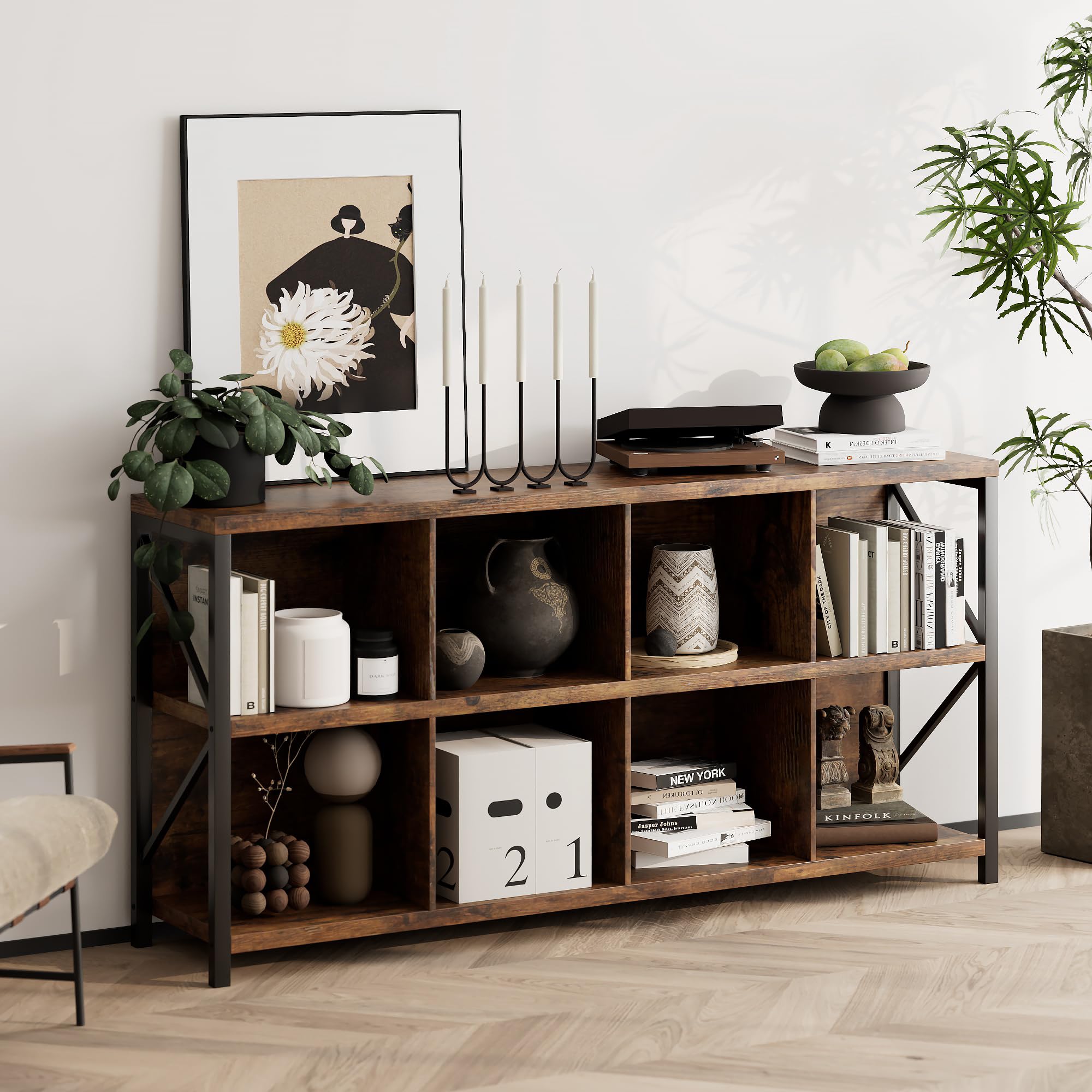 otlestics 2-Tier Bookcase with 8 Cubes, 63 Inch Industrial Horizontal Bookshelf, Home Office Storage Cabinet Organizer with Metal Legs, Rustic Brown