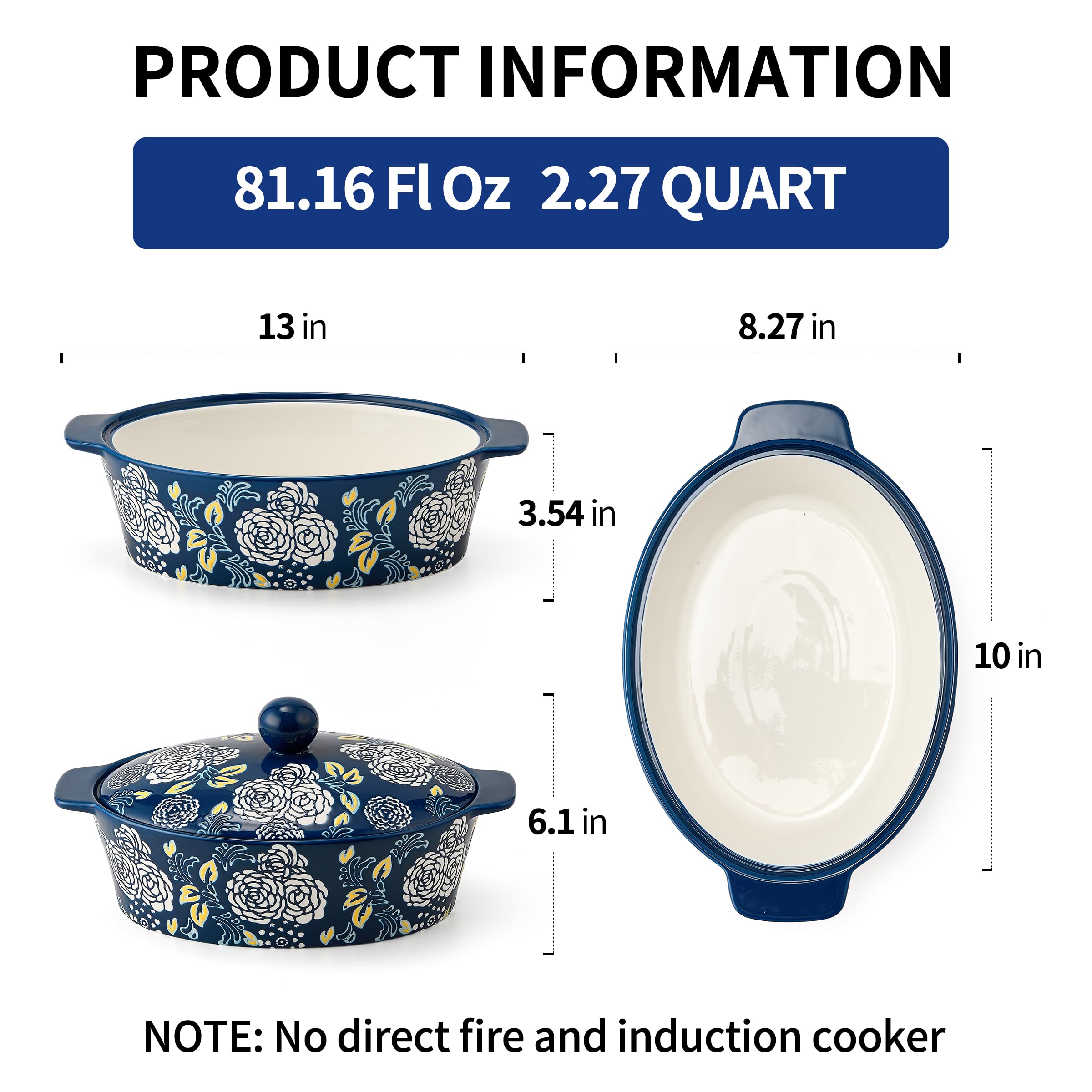Keramik Auflaufform mit Deckel, Auflaufformen für Ofen, Auflaufform Lasagnepfannen zum Kochen, Oval Backform, Dutch Oven, Perfekt zum Brotbacken und Servieren, Einweihung, Thanksgiving - Blau