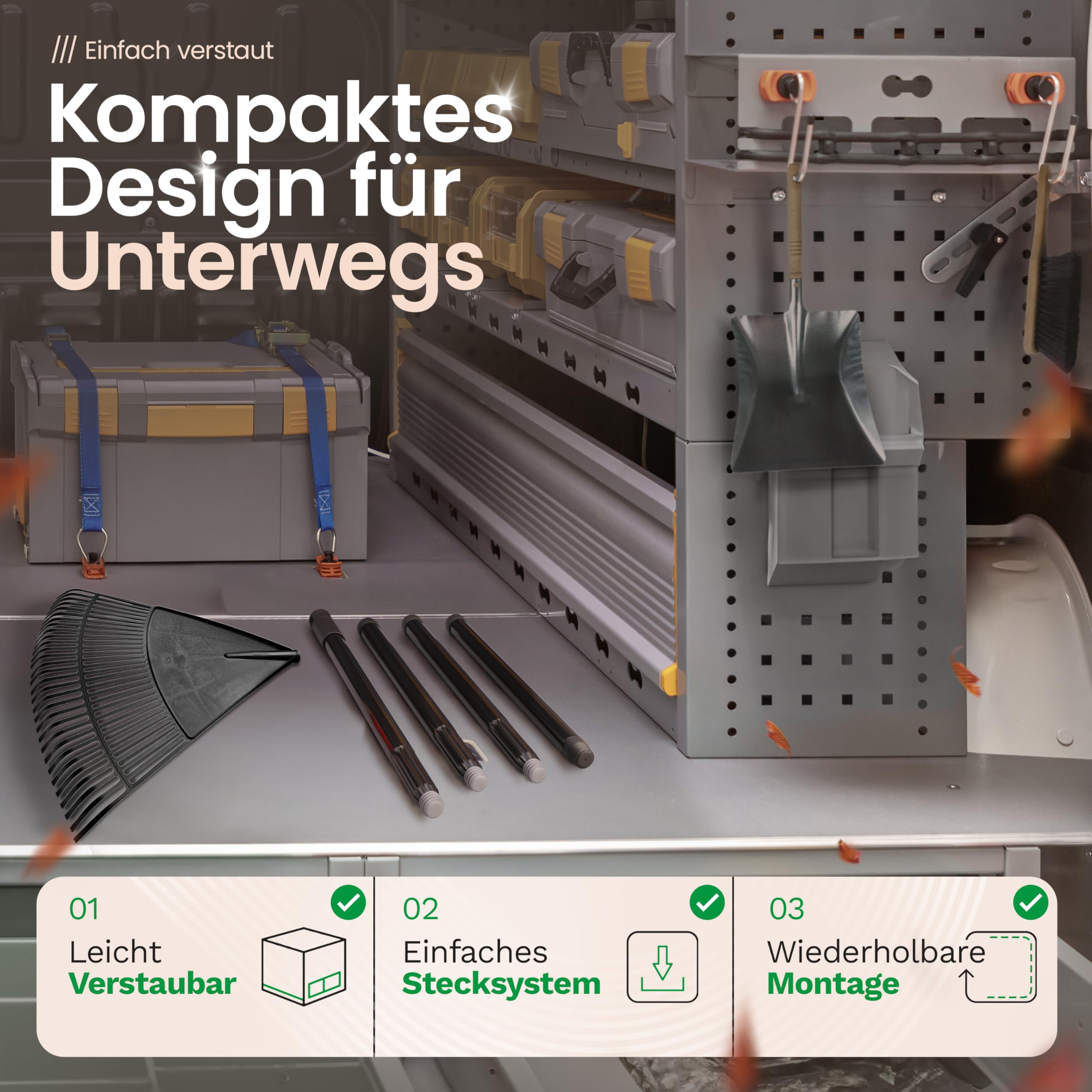 Novatool 4X Laubbesen mit 4tlg Steck- & Schraubstiel, Laubfeger mit 30 Kunststoff-Zinken, Rechen Arbeitsbreite 75cm, Laubrechen, Gartenbesen, Rasenrechen, Harke, Landschaftsbesen, Gartengerät Schwarz