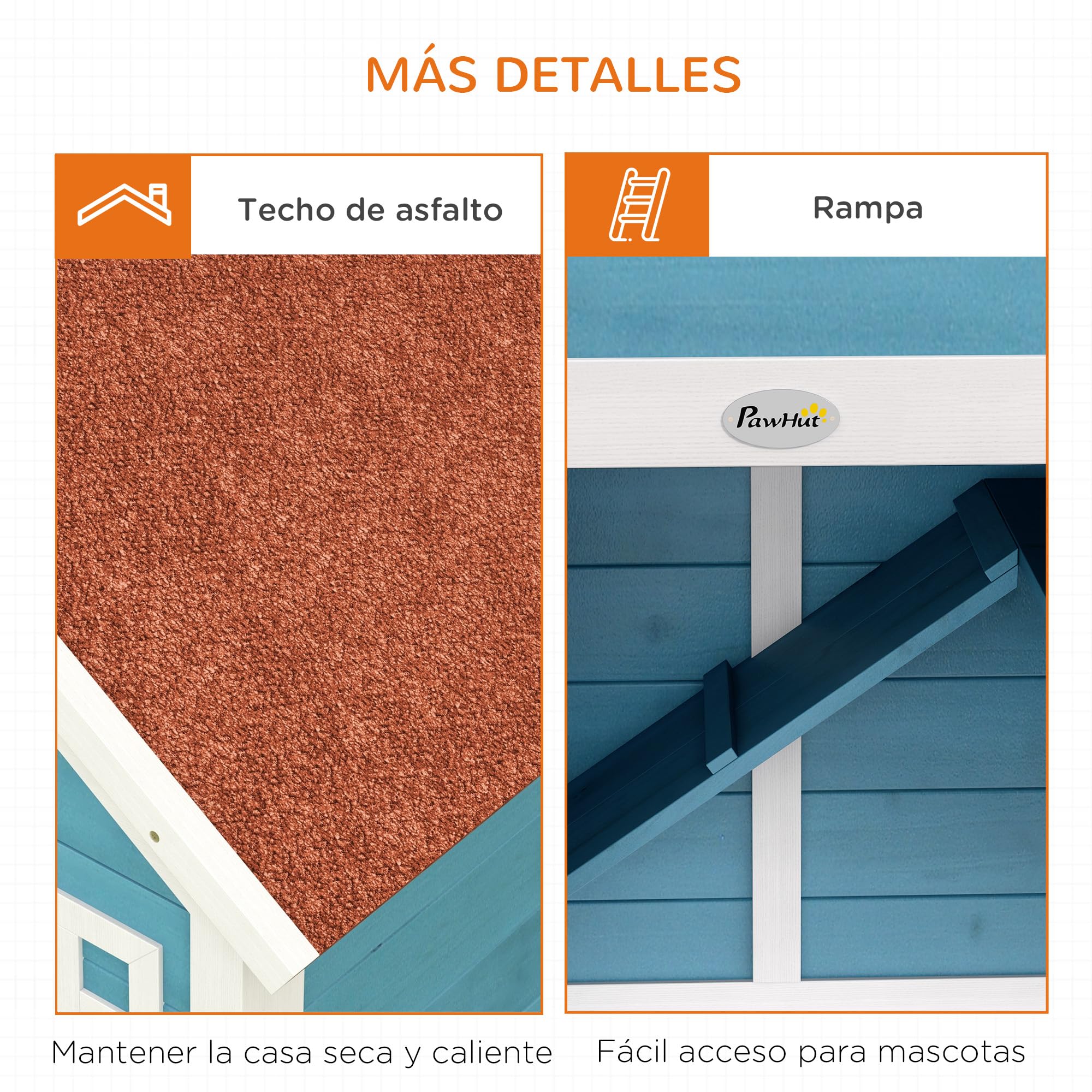 PawHut Conejera Exterior de Madera 162,5x59,2x77,6 cm Jaula para Conejo Casa para Conejos con Ruedas Rampa Ventanas de Decoración Puerta y Techo de Asfalto Azul