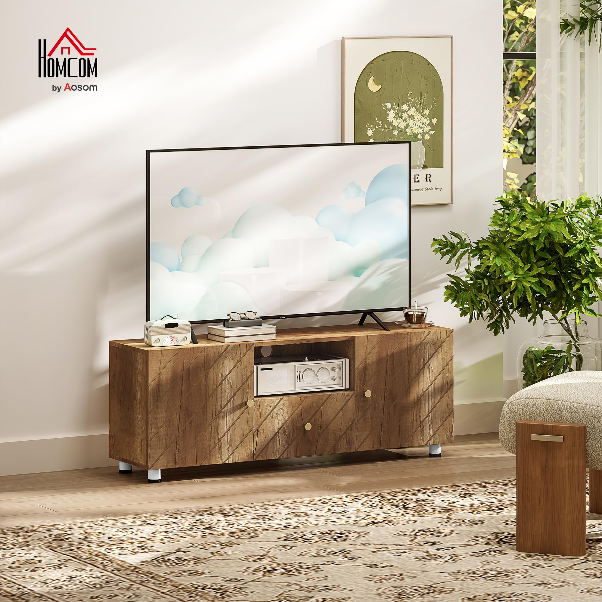 Meuble TV Mural HOMCOM 120 Cm – Banc TV Suspendu Blanc, Compartiments Ouverts + Porte Relevable, Pour TV Jusqu'à 50"
