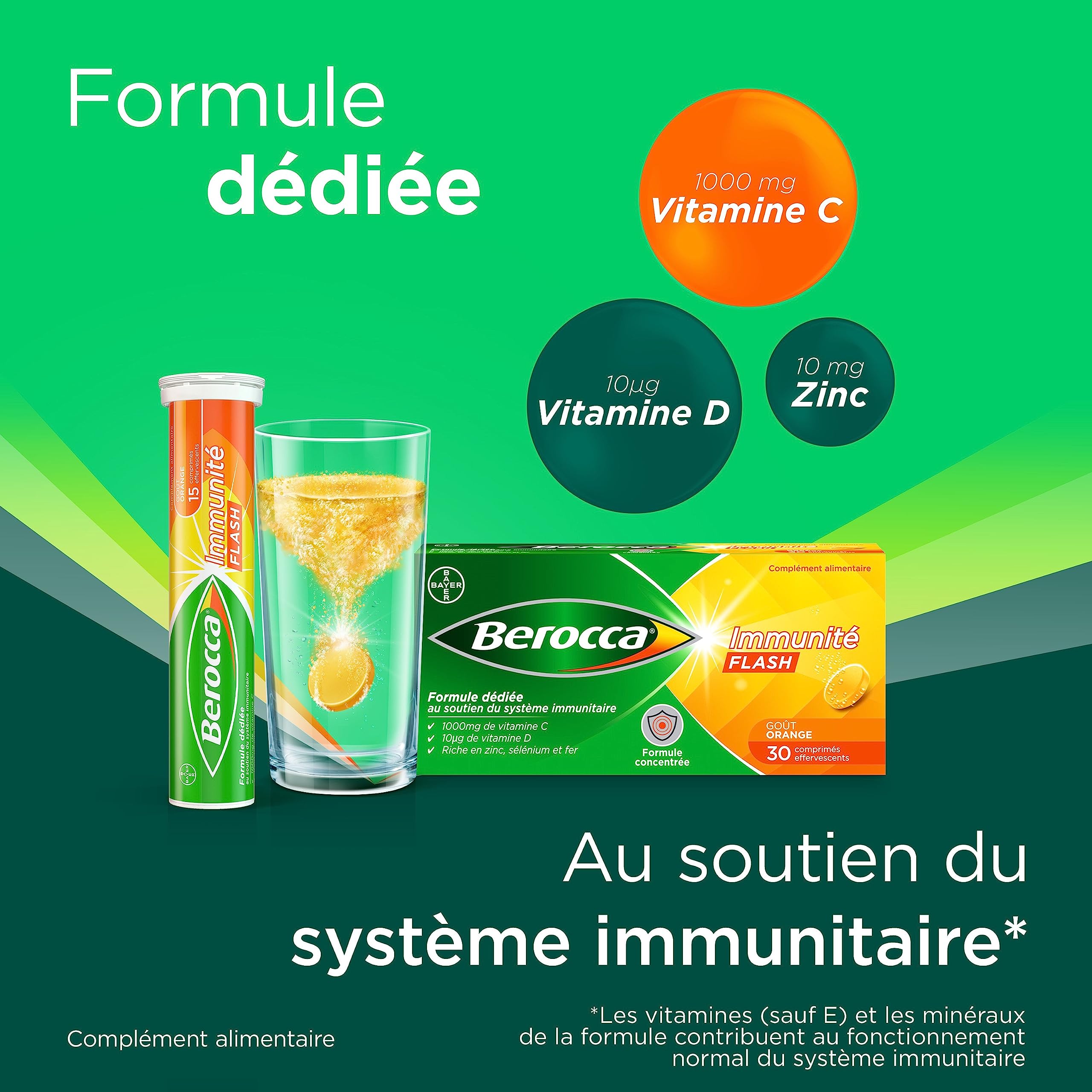 Berocca® Immunité Flash Sélénium, Fer + Berocca® Energie Orange - Multivitamines et Minéraux - Vitamine C et D - Zinc - Complément alimentaire 30 + 45 cp effervescents