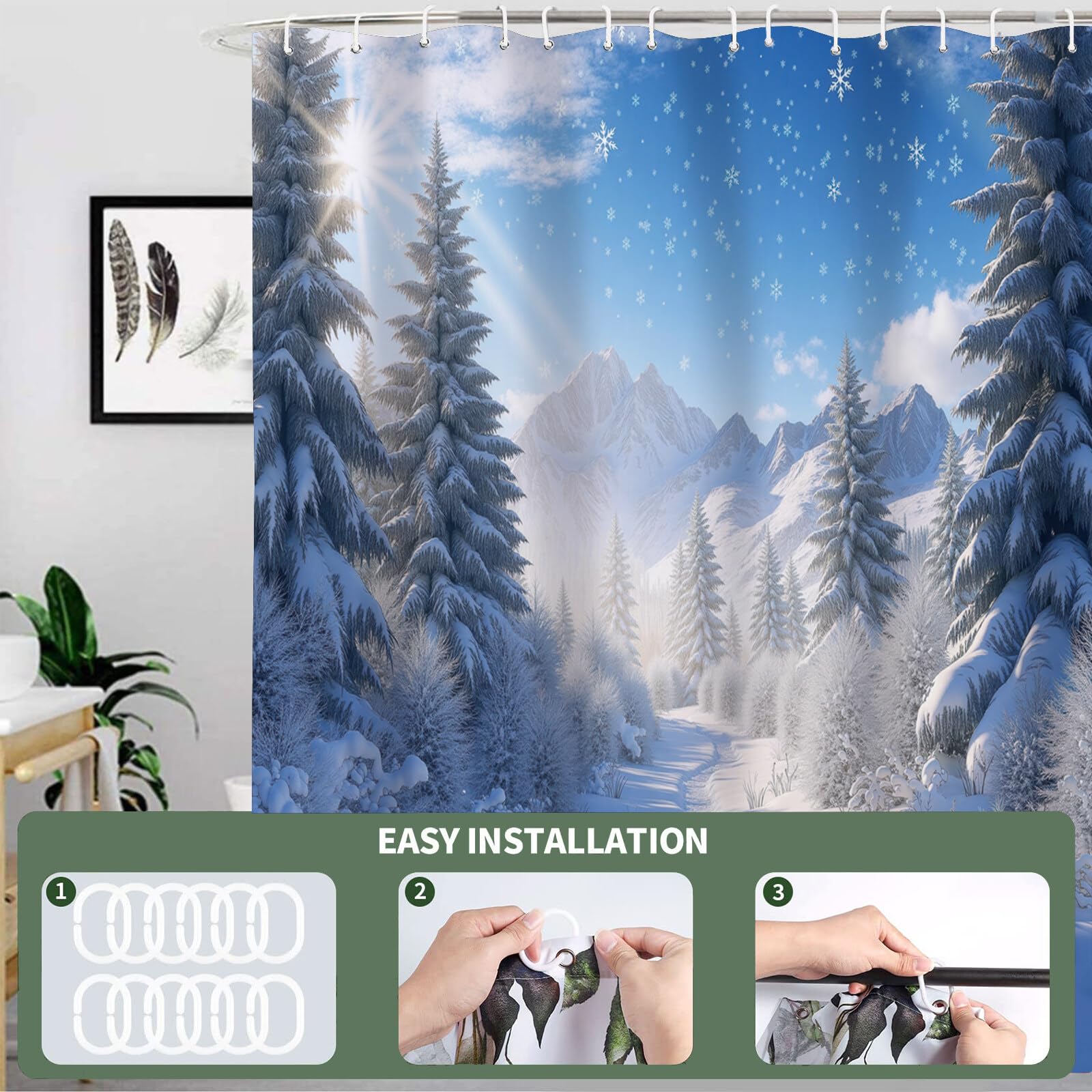 Rideau Douche,Rideau Baignoire Lavable en Machine Rideaux Douche Tissus Lavable Rideau De Baignoire Lavable pour Salle De Bain Domicile Baignoire Famille,Forêt De La Montagne Neigeuse,