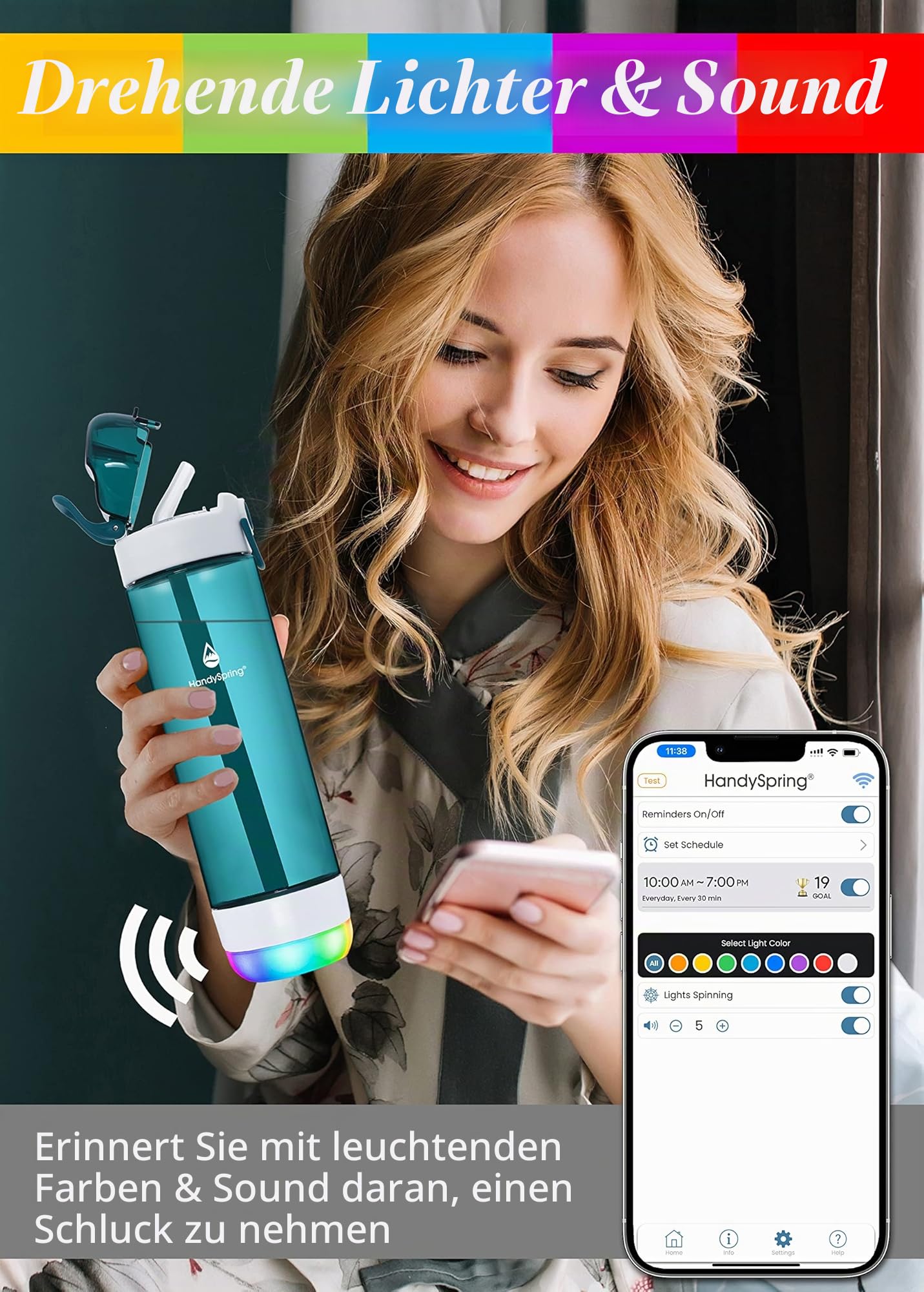 Intelligente Wasserflasche mit Erinnerung, Wasser zu trinken – Lichter und Sound Hydrate Glow Flasche 750 ml, intelligente Trinkerinnerung, motivierende Wasserflasche (grün)