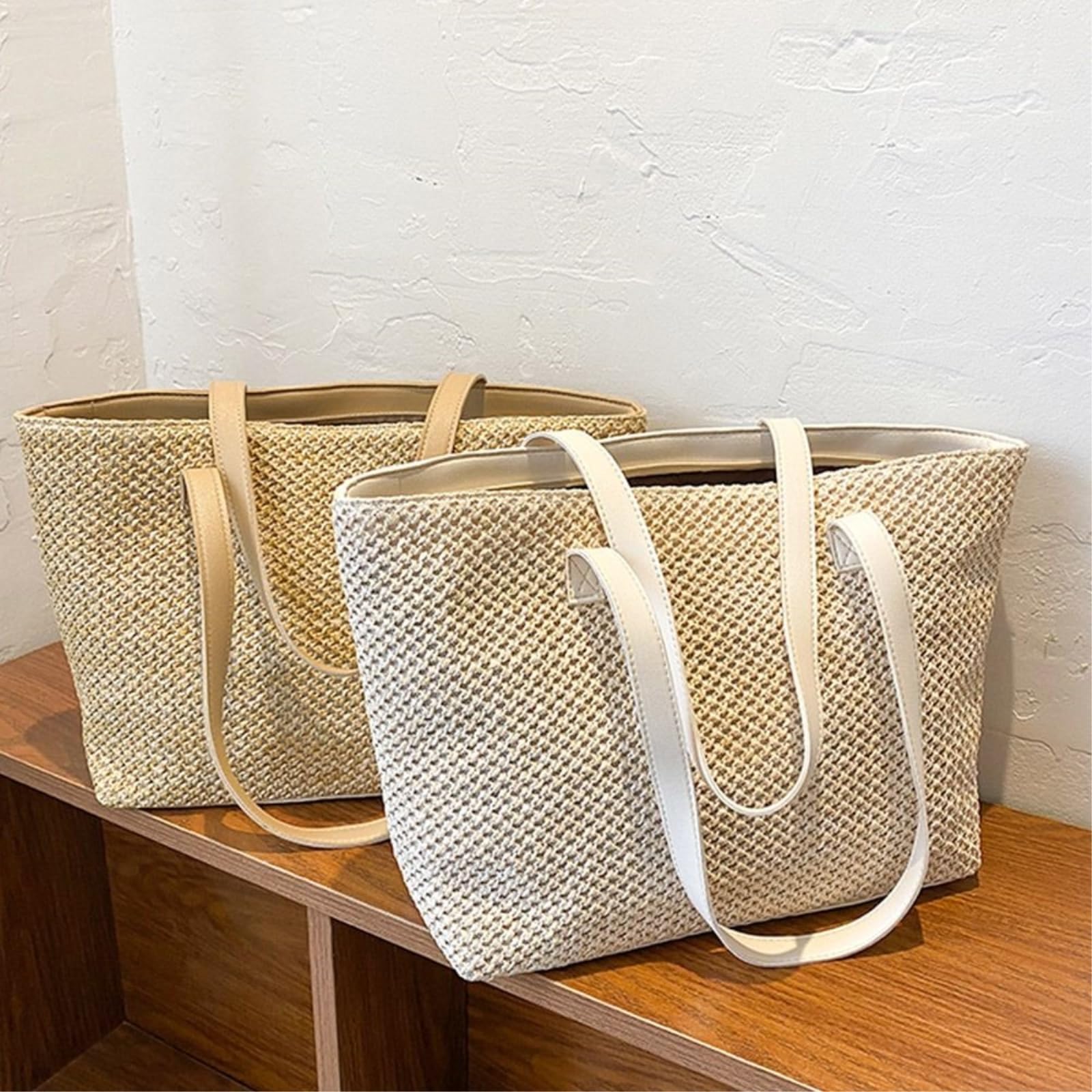 Borsa Spalla Paglia Tote Tessuta Quadrata A Superiore Aperta con Fodera di Grande capacità per La Spiaggia Dell'ufficio dello Shopping Viaggi Giornalieri-Khaki