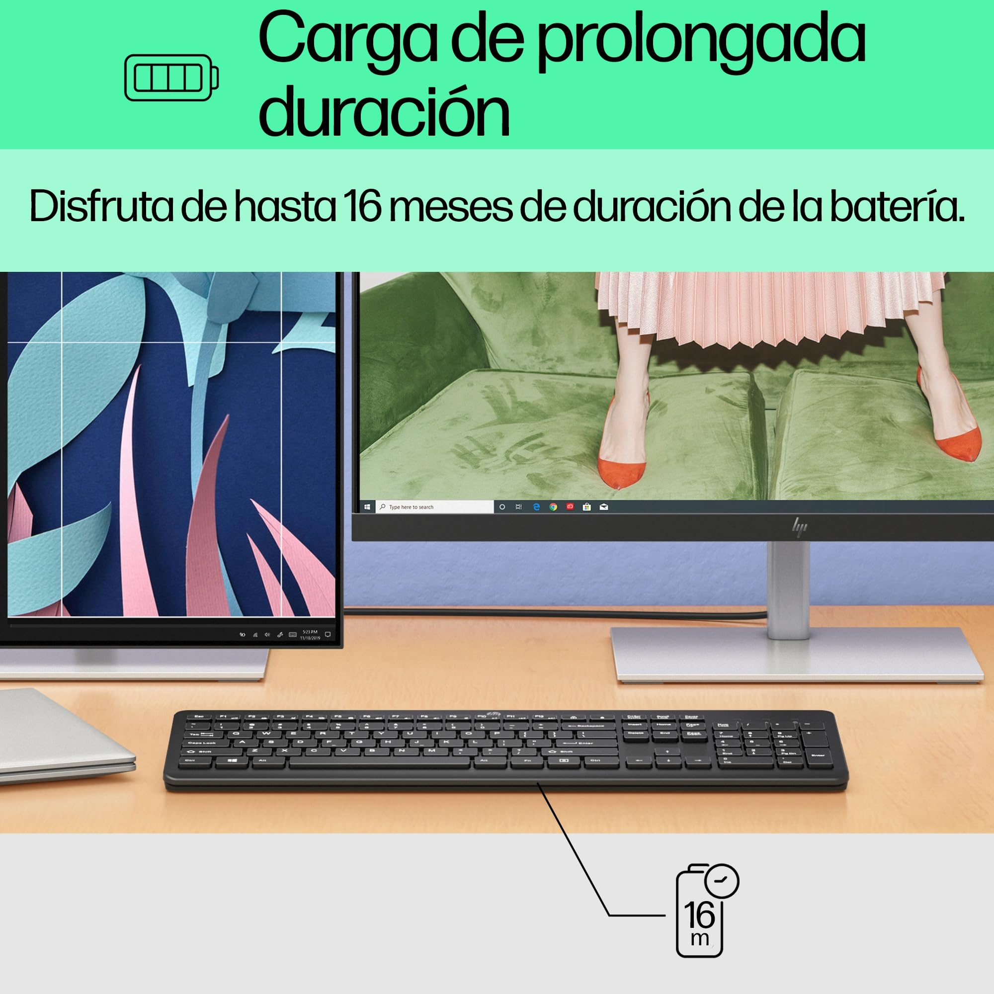 HP 230 Teclado Inalámbrico QWERTY Español - (Puerto USB-A, Batería hasta 16 Meses de Duración, Conexión Inalámbrica 2,4GHz, Windows), Color Negro