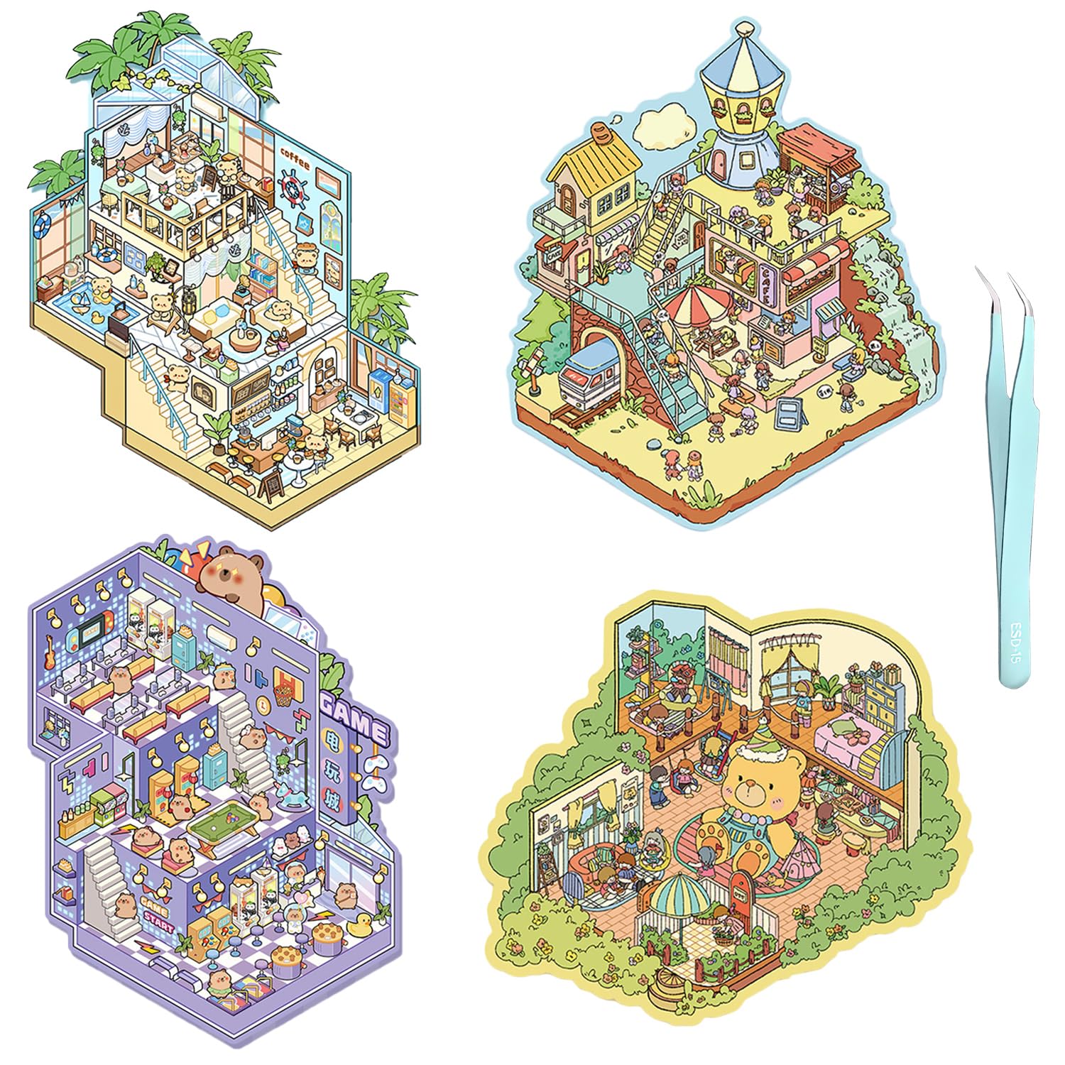 4 Sets Large DIY 3D House Stickers,Make Your Own Mini Shop 3D Scenes Stickers,Cute Cartoon Sticker Scenes for Adults Kids,Fun DIY Stickers Scene for Adult Relief Stress Pass The Time