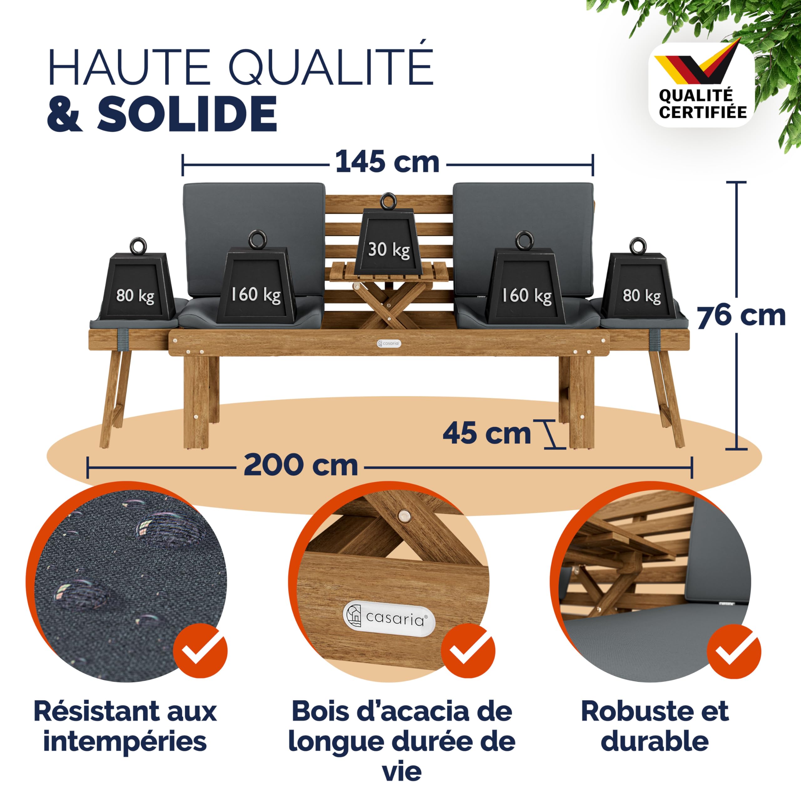 Casaria® Banc de Jardin en Bois avec Table 200x50cm résistant aux intempéries Pliable 3 Places Jardin Balcon Bain de Soleil