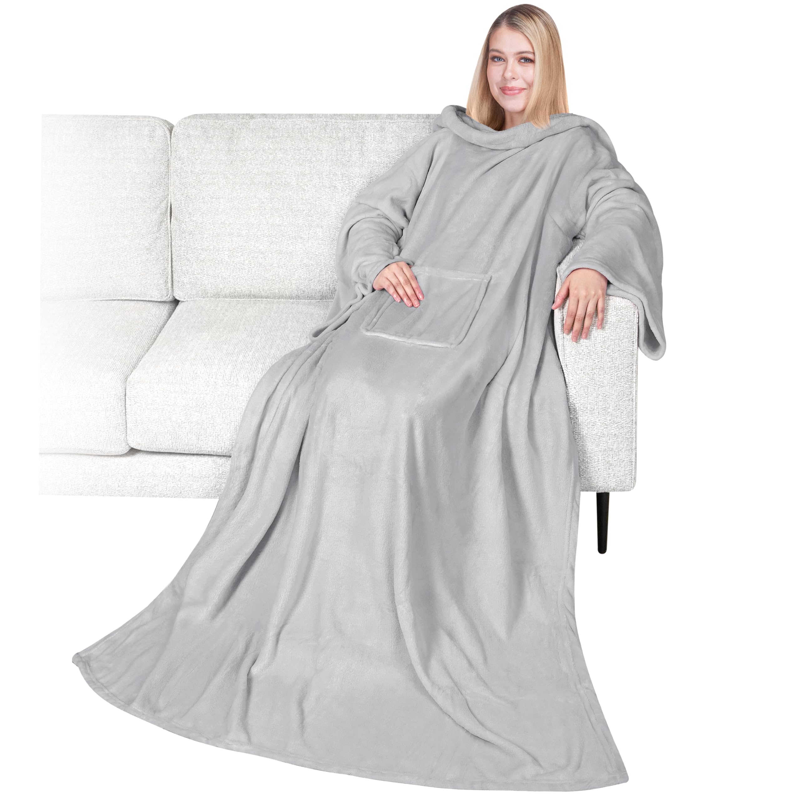 PAVILIA Fleece Wearable Blanket with Sleeves for Adult Women Men, Soft Warm Wrap Throw, Robe Blanket with Arm