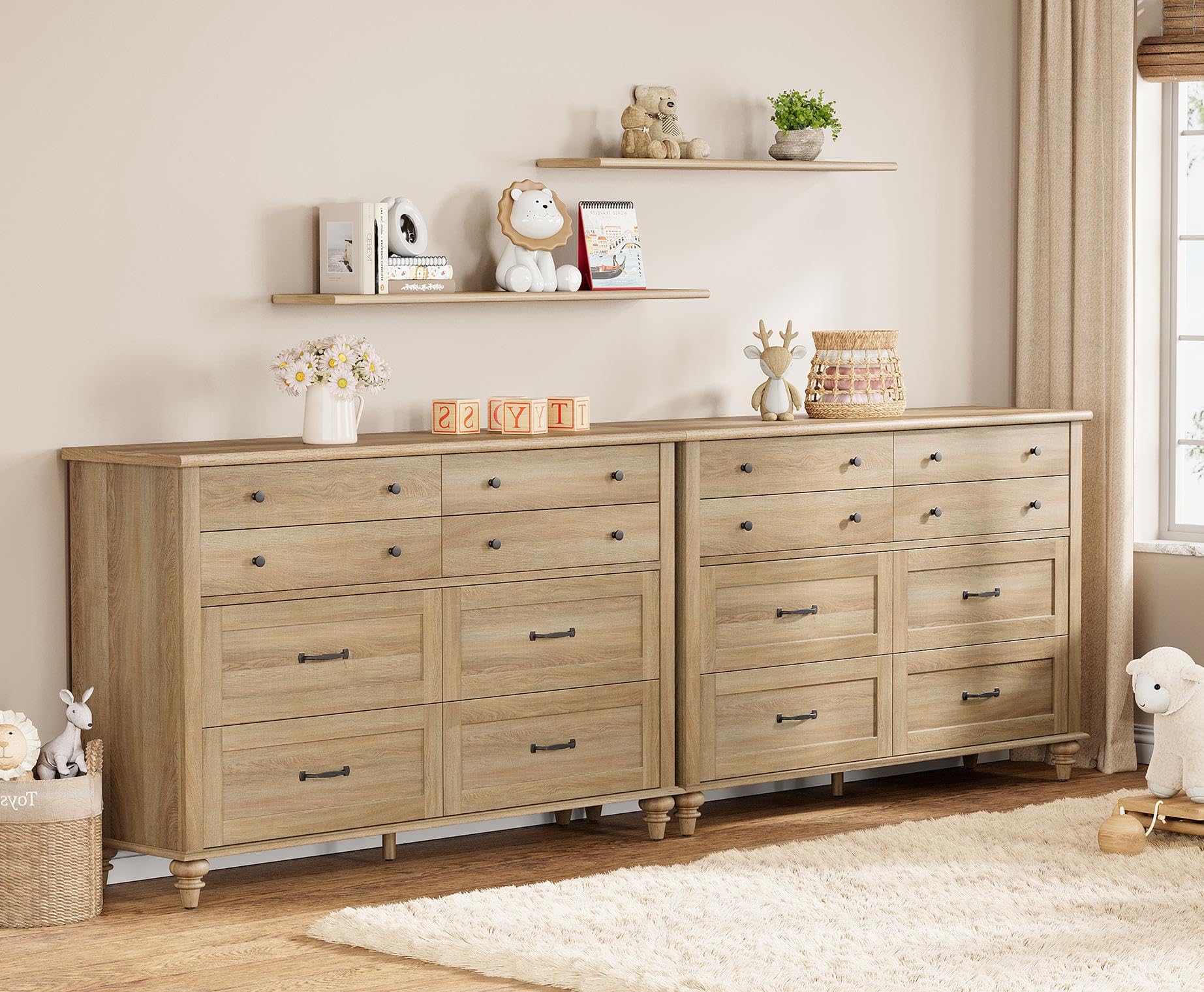 WAMPAT 2-in-1 Baby Dresser with 16 Drawers for Kids Room, Farmhouse Kids Dresser Wooden Double Dresser for Bedroom, Large 8 Drawer Dresser Set Organizer for Children’s Bedroom, Nursery Furniture