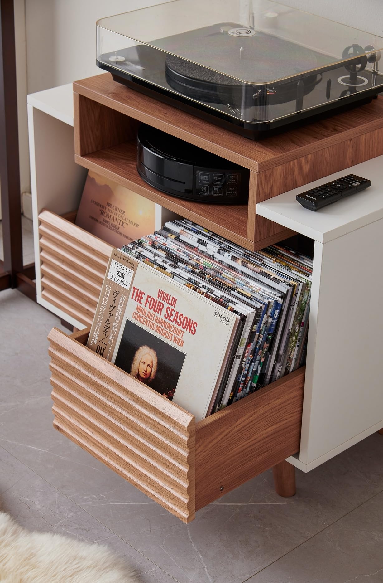 NorStone OSLO 800 Mobile in vinile per mobili in vinile – Elettronica Hifi – 2 cassetti portaoggetti – finitura bianco/rovere chiaro – 80 x 64 x 40 cm