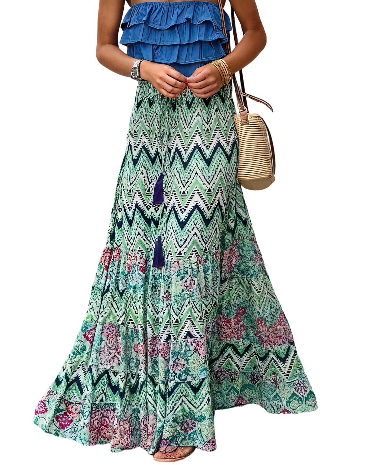 LIAMERHE Falda Larga Mujer Verano Boho Chic Falda Maxi de Cintura Alta Elástica Faldas Línea A Fluidas con Volantes Estampado Floral Estilo Gypsy Playa Vacaciones Vestidos de Playa