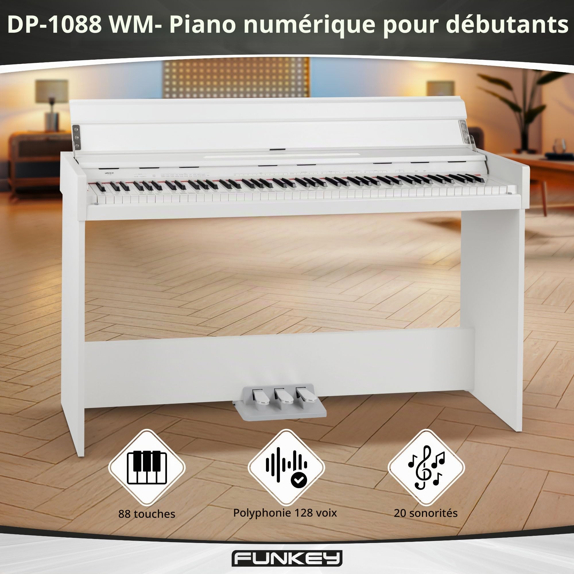 FunKey DP-1088 WM Piano numérique élégant - 88 touches de clavier sensibles à la vélocité et 3 pédales - 20 sons - Haut-parleurs stéréo intégrés et 2 prises pour casque - Blanc mat
