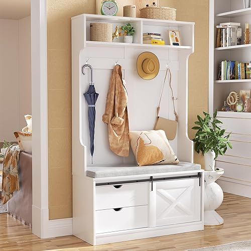 ROOMTEC Perchero con ganchos para estantes de banco, árbol de entrada con banco y almacenamiento de zapatos, banco tapizado de almacenamiento de