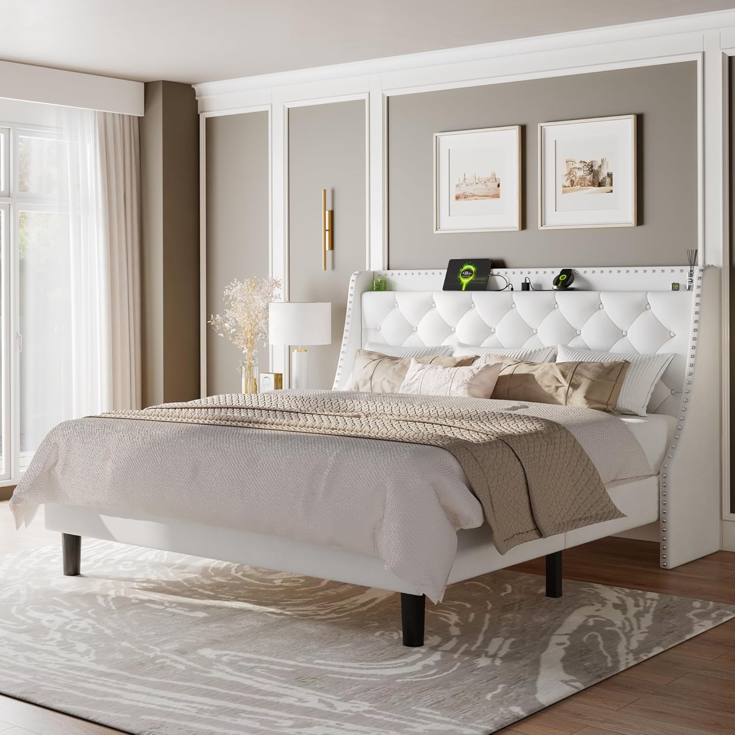POSSIBLY MISSING PIECES Feonase King Size Bed Frame with Velvet Luxury Wingback Upholstered Button Tufted Storage Headboard, King Platform Bed with Charging Station, Sturdy Wooden Slats Support, Easy Assembly, White