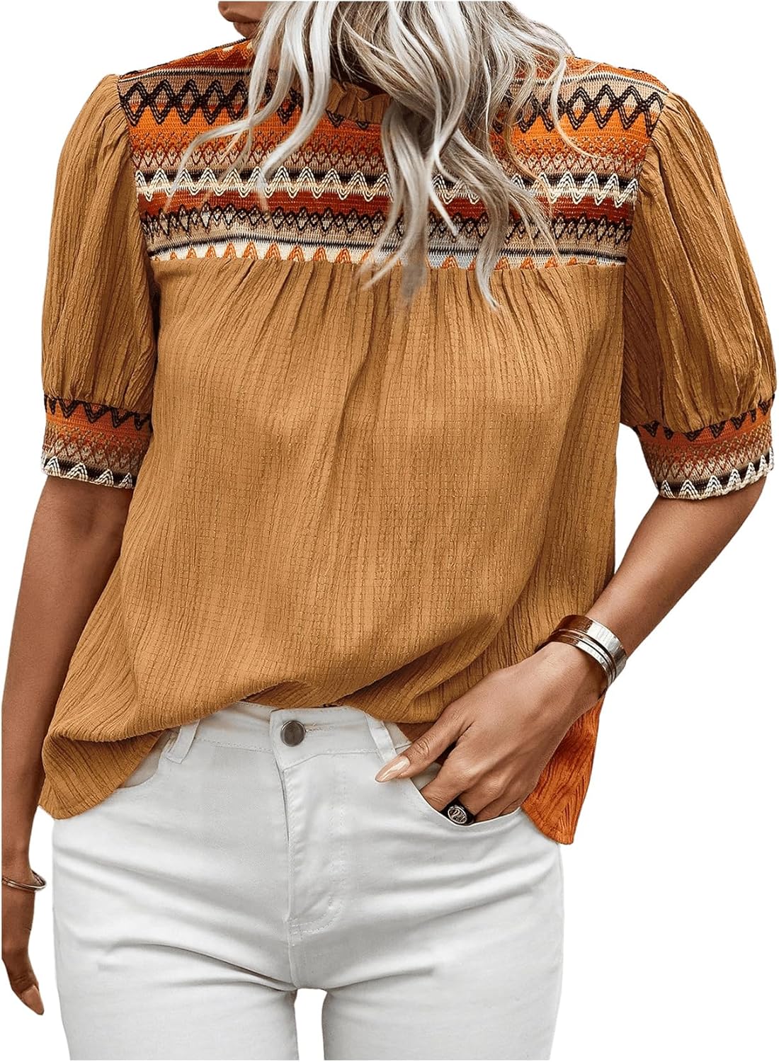 WDIRARA Women's Boho Mock Neck Puff Short Sleeve Blouse Vacation Shirts Tops - Image 3
