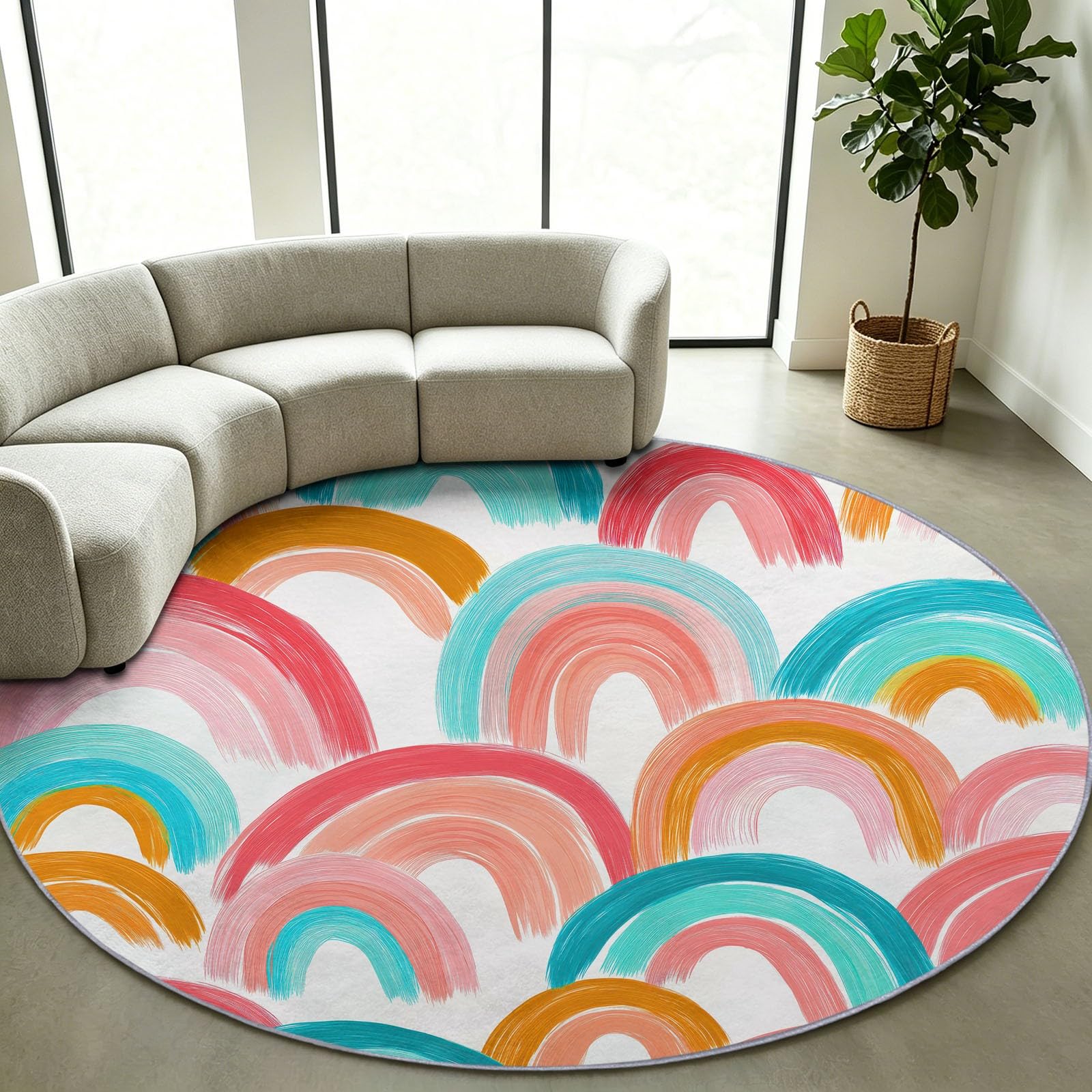 Tappeto boho, lavabile, motivo geometrico, con linee arcobaleni, rotondo, 180 cm, bianco, a pelo corto, antiscivolo, per camera da letto e camera da letto