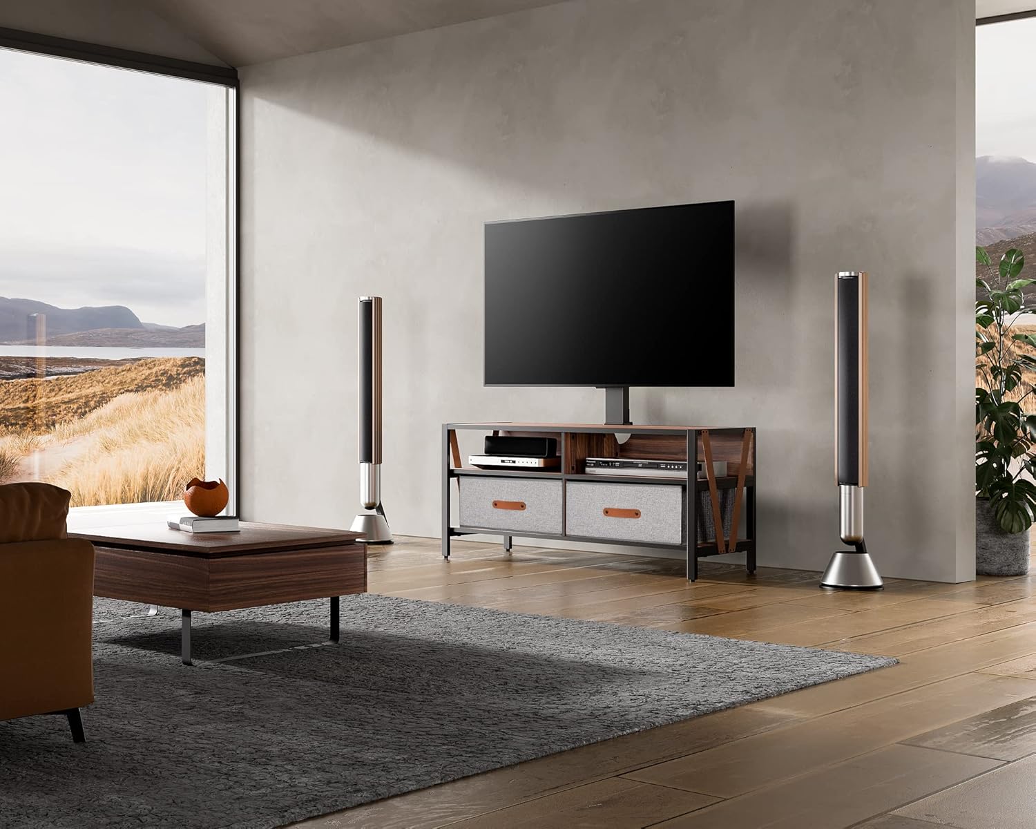 FITUEYES No Drill Swivel TV Stand with Mount for 37-75 Inch TVs up to 88lbs, Entertainment Center with Storage, TV Console with Removable Fabric Drawers, Height Adjustable, Max VESA 400x600mm, Walnut