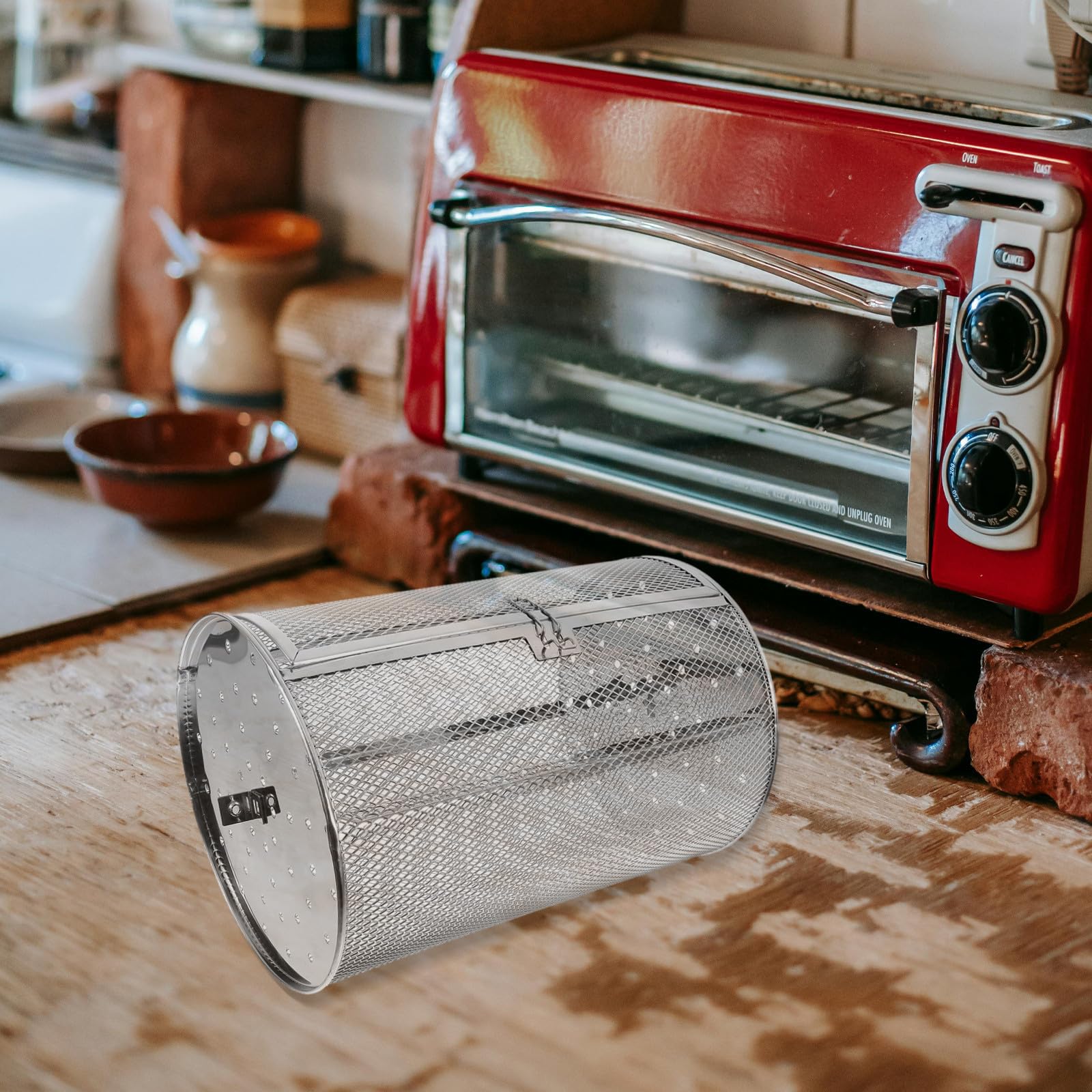 EXCEART Jaula Giratoria para Horno Asador de Acero Inoxidable, Cesta para Asar Frutos Secos y Almendras, Herramienta Segura y Multiusos para Parrilla