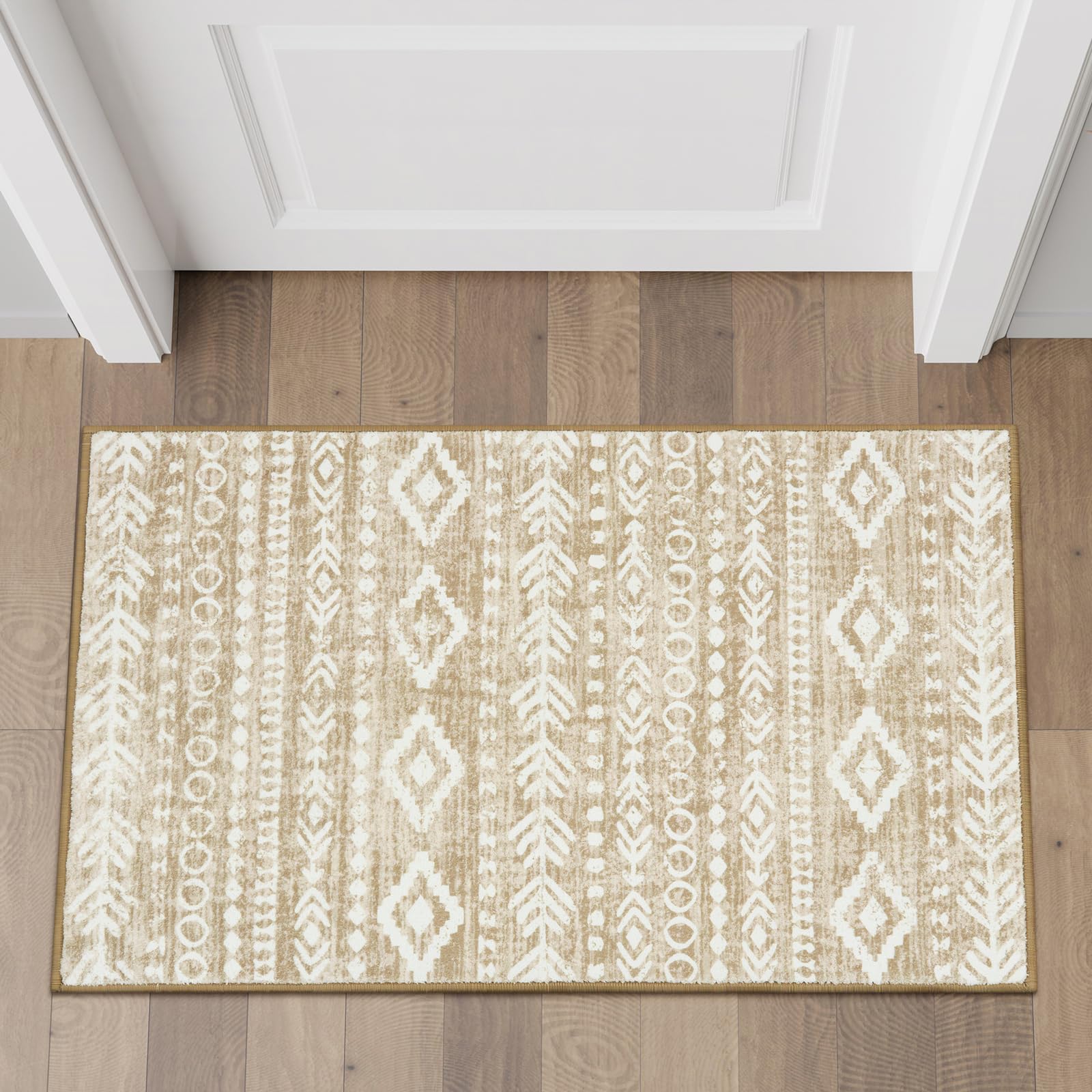 Lahome Boho Geometric Bathroom Rug, Low-Pile Washable Tan 2x3 Entryway Fall Rugs Non Slip Throw Carpet with Rubber Backing, Rustic Print Small Area