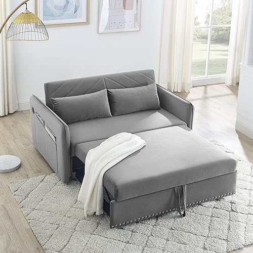 Miniatura 14 de Holaki Sofá cama convertible de terciopelo de 55 pulgadas, moderno sofá cama extraíble con respaldo ajustable, reposabrazos de diseño de cuadrícula