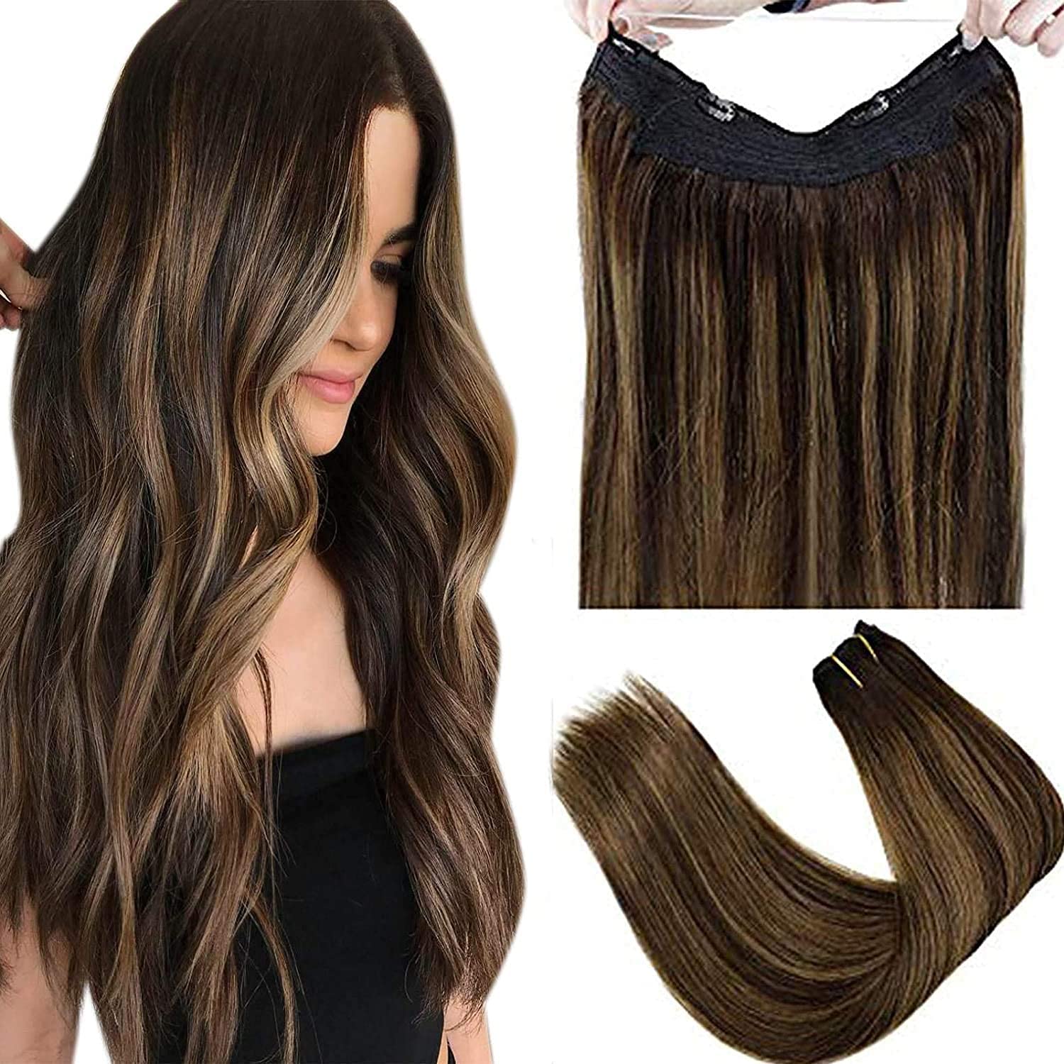 LaaVooInvisible Wire Human Hair Extensions 12 Inch 80g Darkest Brown Balayage Light Brown Adjustable Size Removable Clips Secret Remy Hair Extensions Real Hair Extensions #2/8/2