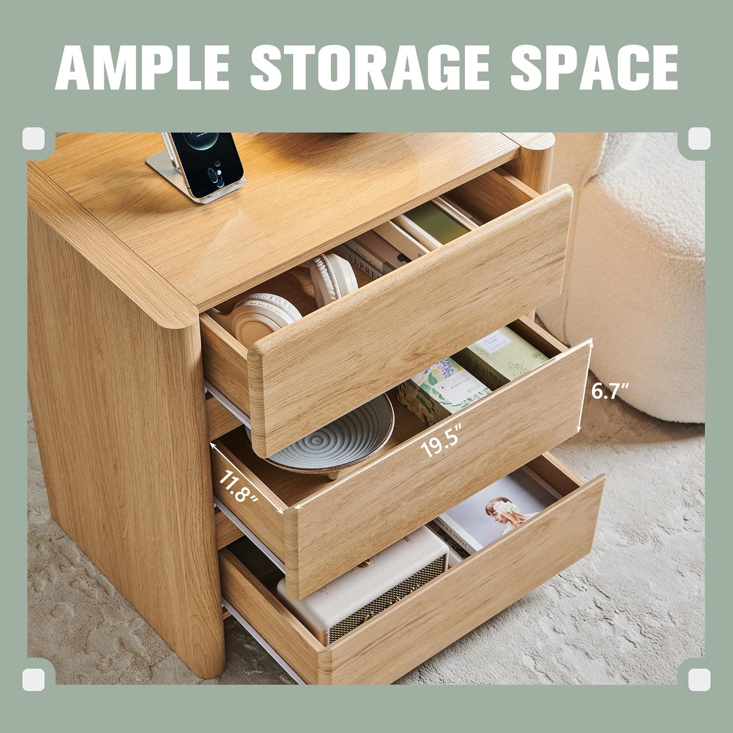 25" Tall Modern Nightstand with Charging Station, 23.6" W Nightstand with 3 Storage Drawers & Open Shelf, Wood Night Stand w/Rounded Corner Design for Bedroom (Natural) - Image 5