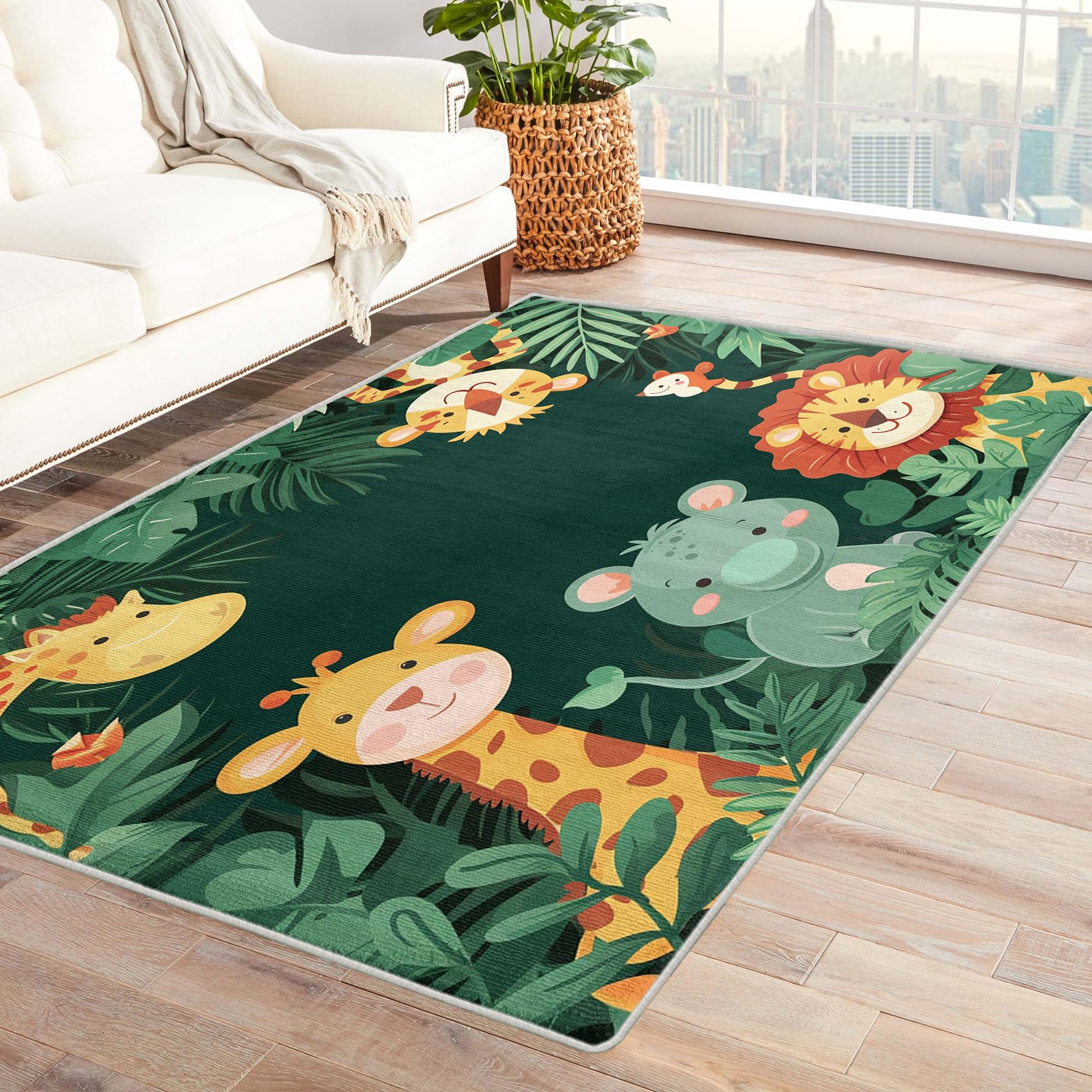 Kcepzhyxl Cartoon Animals Area Rug 5x8, Jungle Zoo Animals Rug for Bedroom Living Room, Jungle Safari Animals Carpet, Non-Slip Soft Low Pile Machine