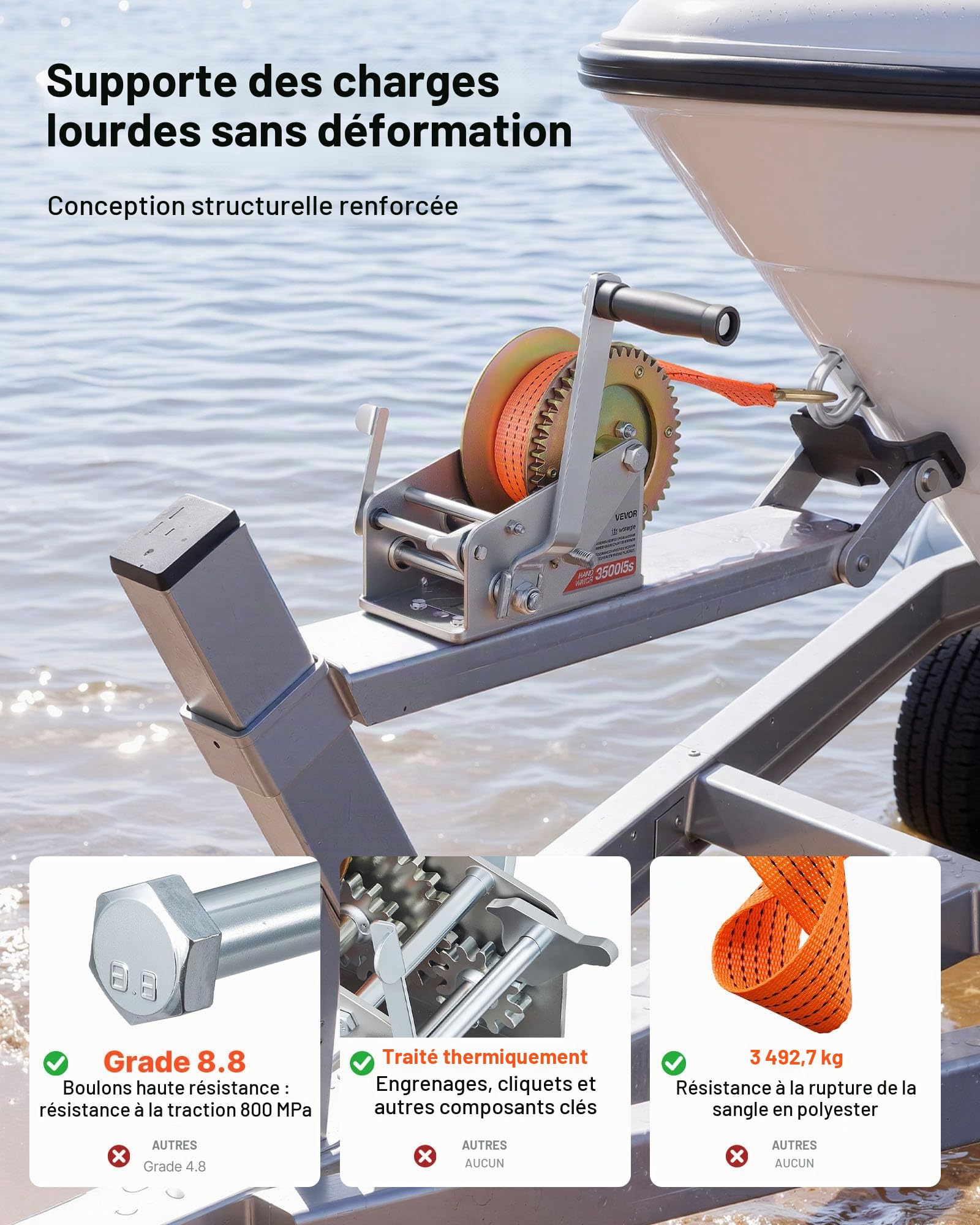 VEVOR Treuil Manuel avec Sangle 1588 kg, Treuil Remorque Bateau avec Sangle en Polyester Orange 6,1 m, pour Bateau et Remorque, Cliquet Bidirectionnel, Engrenage Renforcé et Manivelle Antidérapante