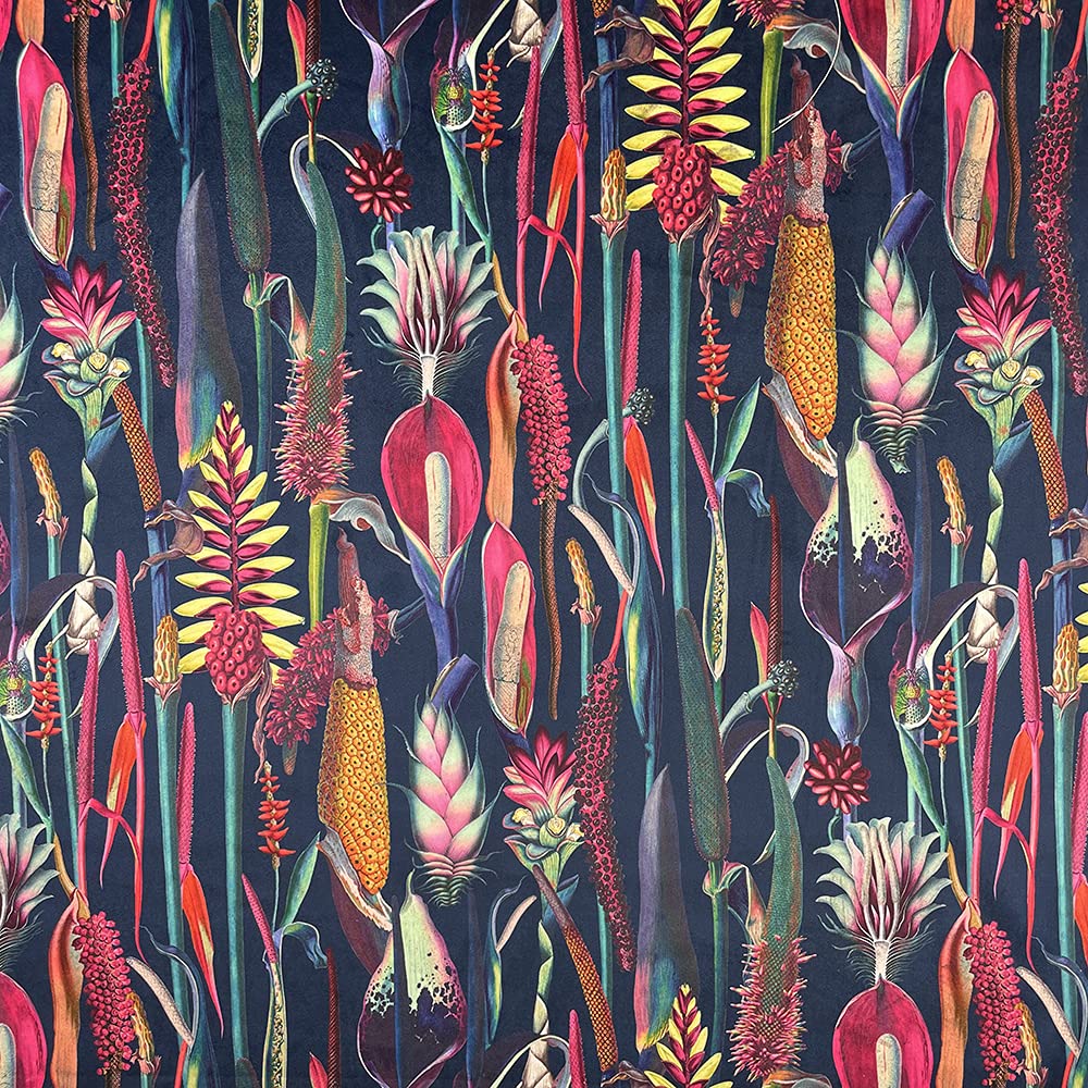 Glamour Secrets Multicoloured Heavy Weight Super Soft Plush Velvet Upholstery Fabric 'Botanical Navy Blue' Digital Floral Print - Per Metre - 150 Cm Wide