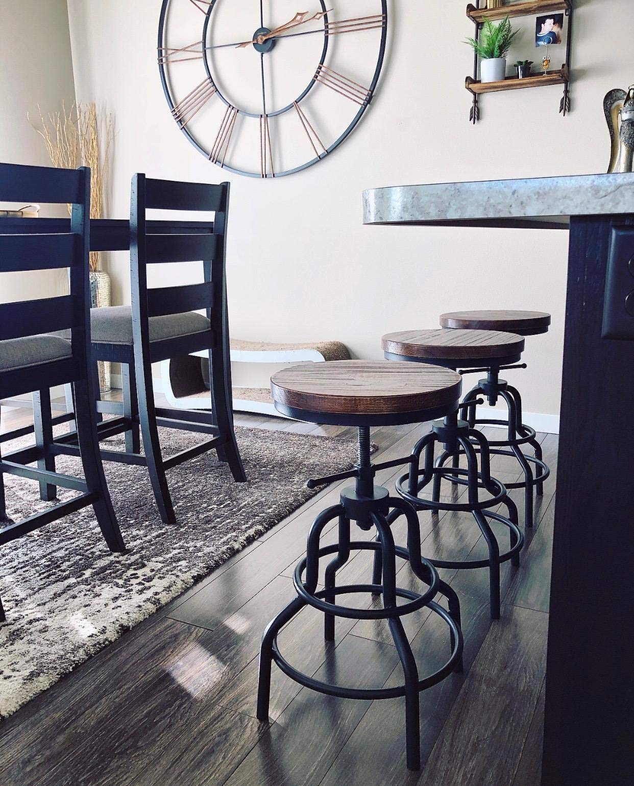 Vintage Industrial Bar Stool-Rustic Swivel Bar Stool-Round Wood Metal Stool-Kitchen Counter Height Adjustable Pipe Stool-Cast Steel Stool 20-27 Inch (1 only)