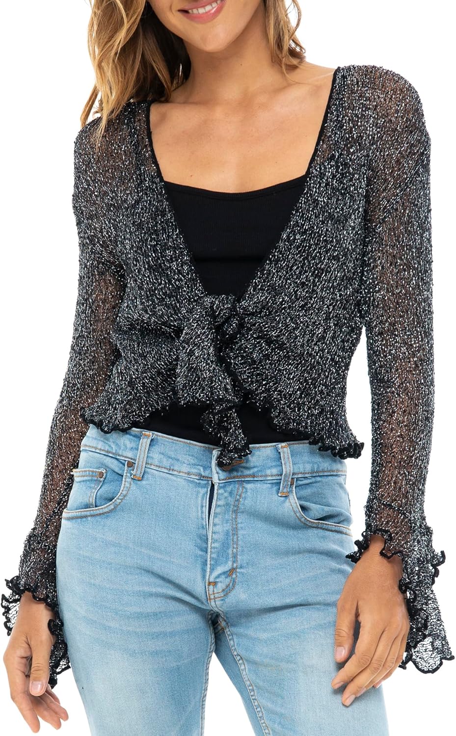 Back From Bali Womens Sheer Shrug Bolero Long Sleeves Cropped Cardigan Lite Bell Sleeves