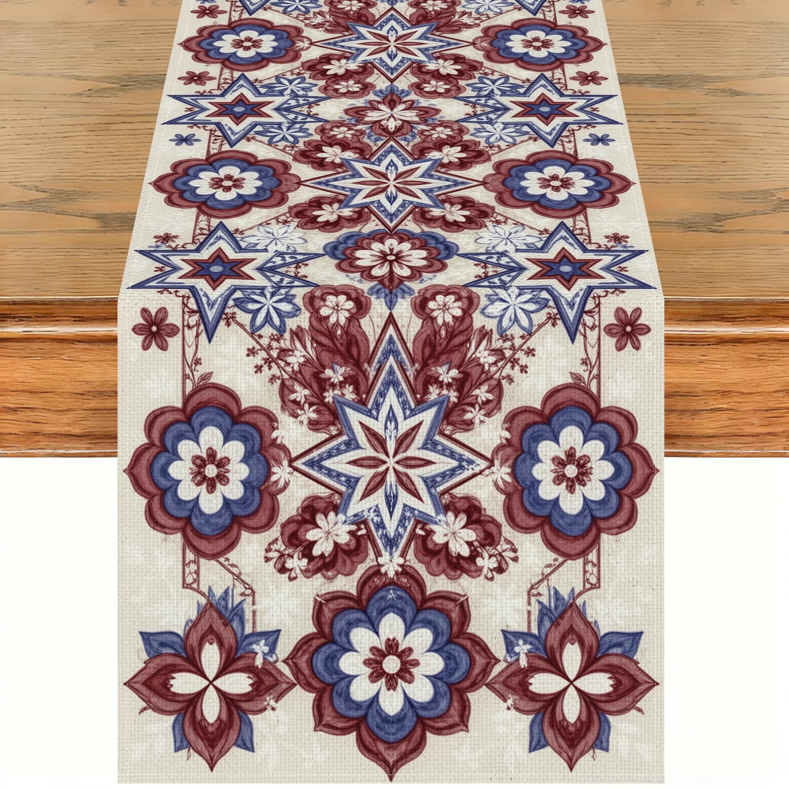 Photo 1 of ?13x72 Inch Boho Floral Table Runner, Vintage Red White Blue Table Runner, Americana Rustic Table Decor for Home Kitchen Dining Farmhouse Party