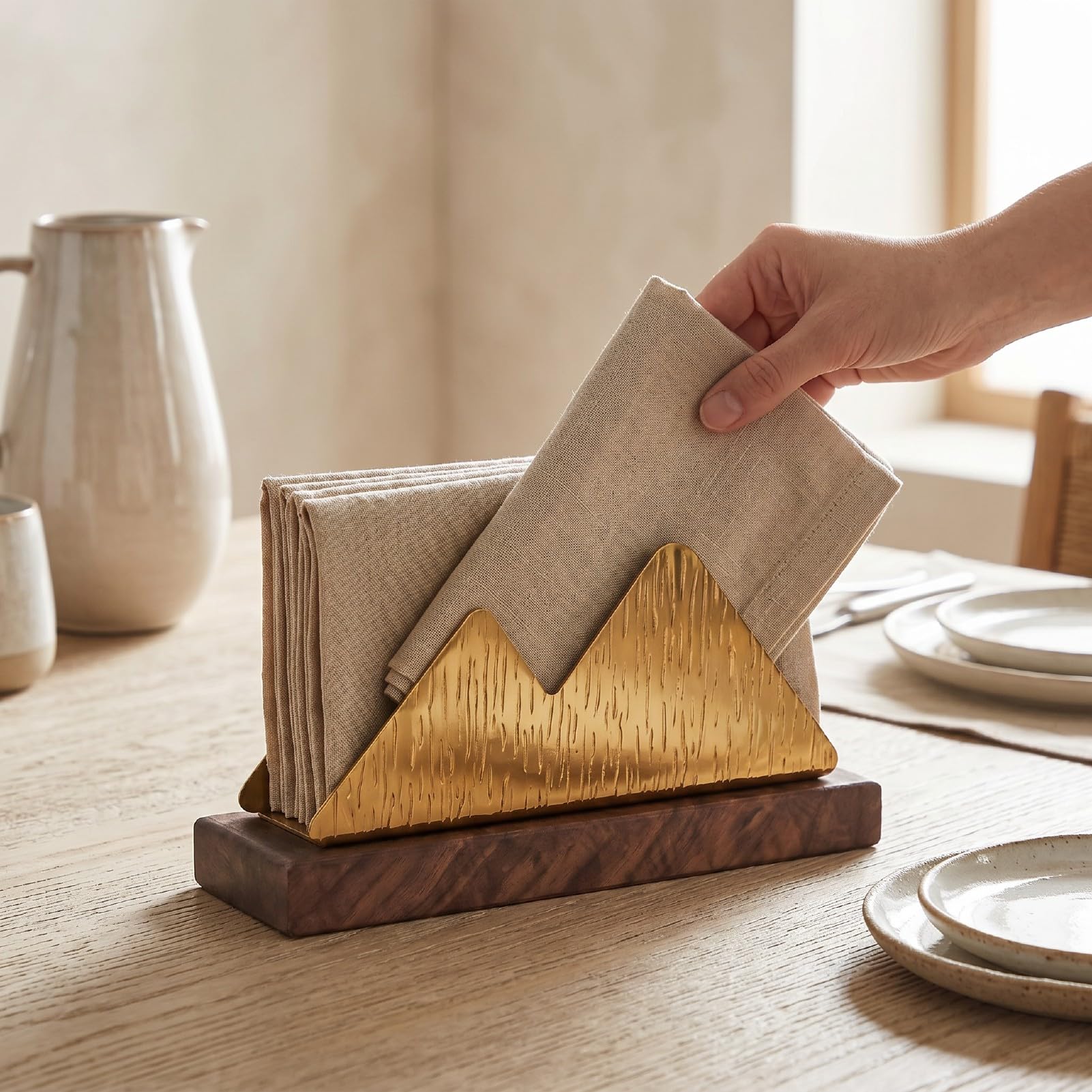 YUYTE Servilletero de Acero Inoxidable con Base de Madera y Patrón para Almacenamiento de Mesa en Mostrador de Cocina o Restaurante (doble joroba)