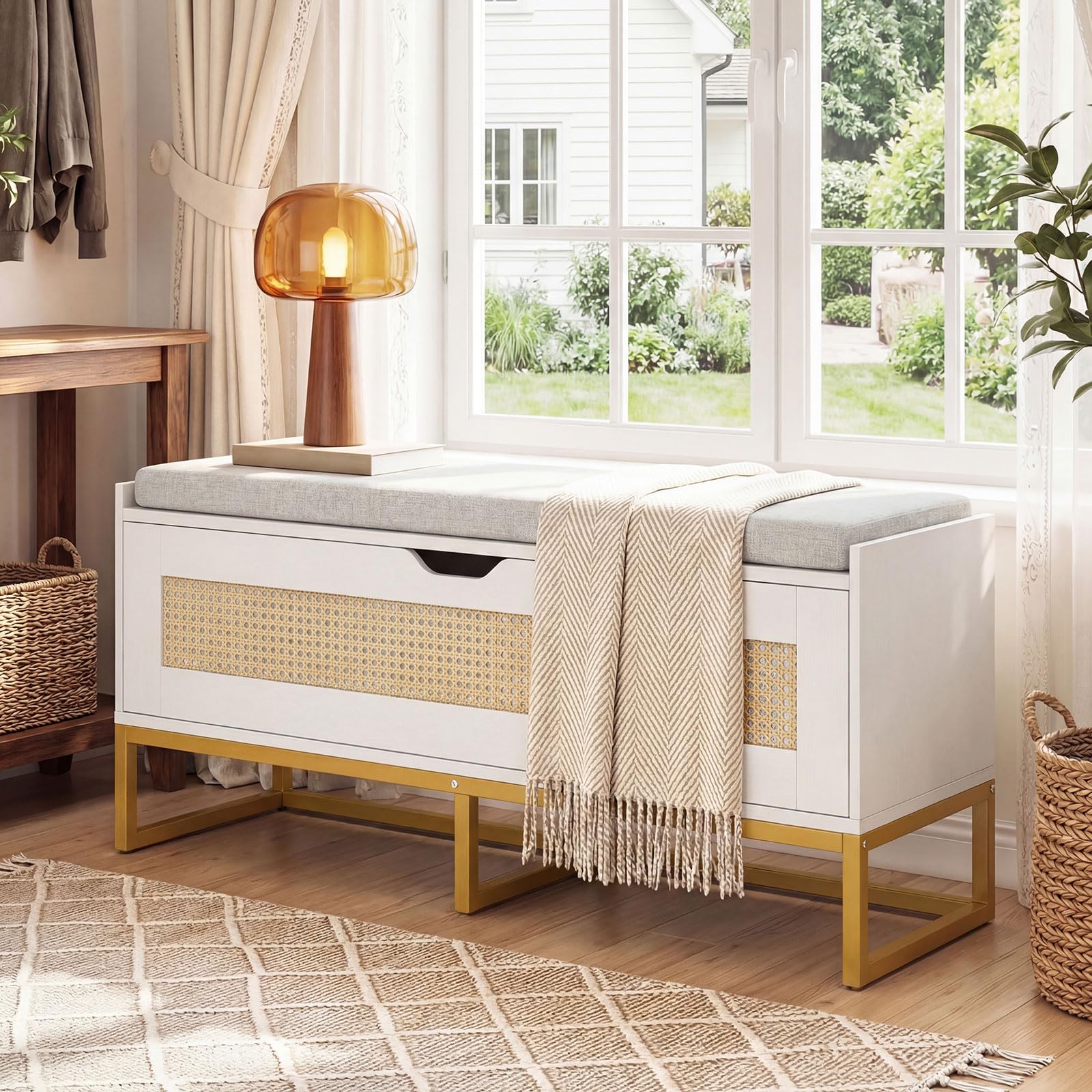 COSTWAY Banc de Rangement en Rotin 100 cm, Banc Chaussures Entrée, Coussin Rembourrée, Couvercle Abattant, Banquette Coffre pour Entrée Salon Chambre, Charge 200 kg, 100 x 35 x 44 cm (Blanc)