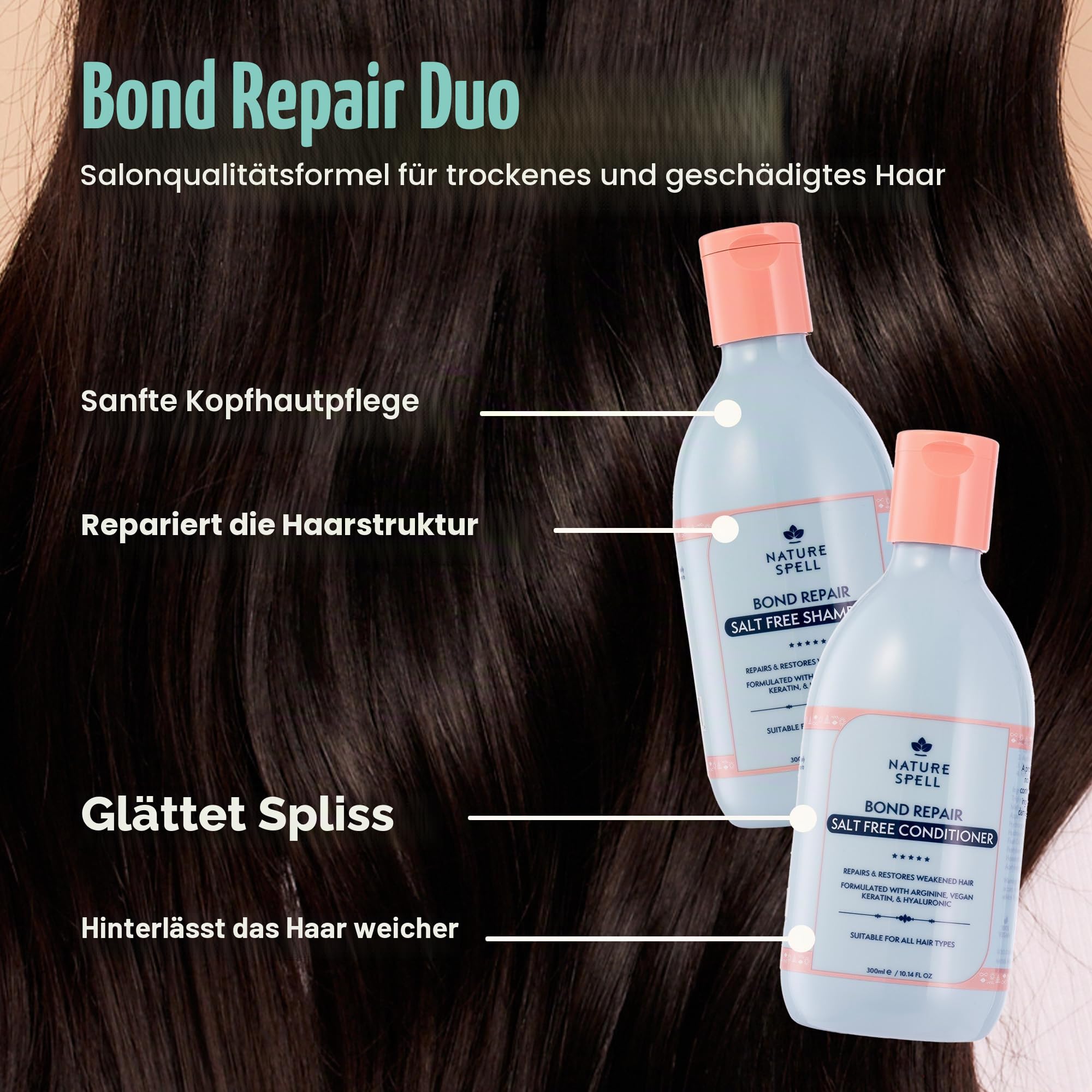 Nature Spell Bond Repair Shampoo- & Spülungsset, repariert geschädigte Haarstruktur und beugt Haarbruch vor, mit Hyaluronsäure, sulfatfrei, für alle Haartypen, vegan, 2er-Pack, je 300 ml